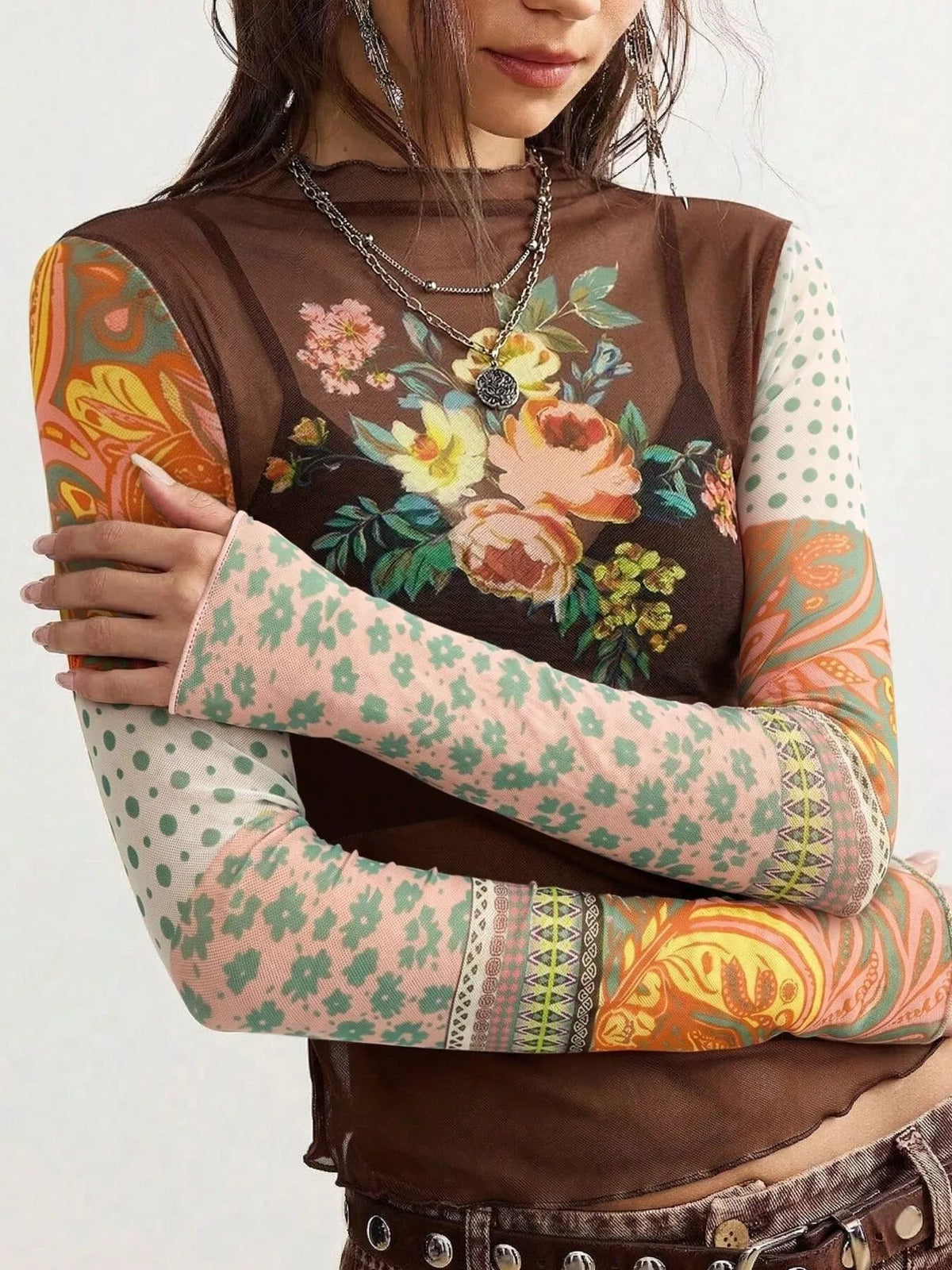 Trendsi Floral Print Mesh Mock Neck Long Sleeve Top -