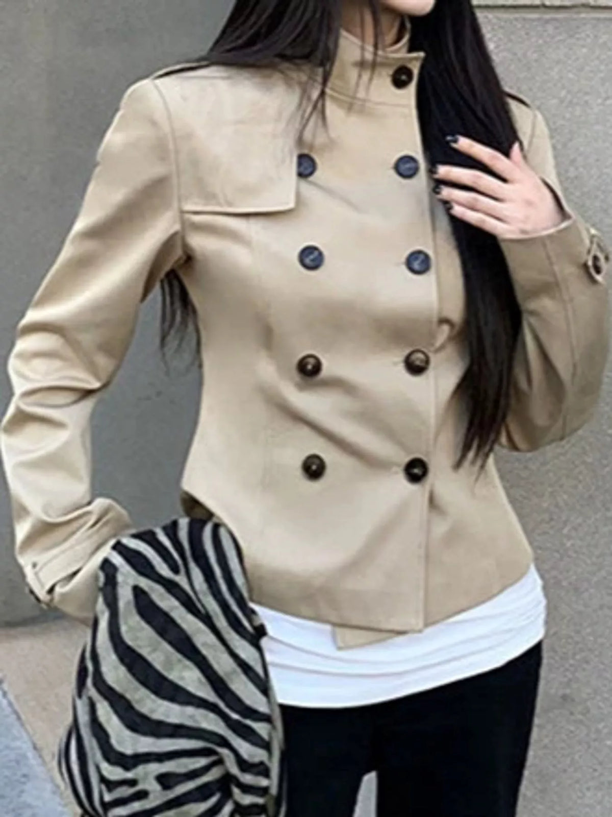 Double-Breasted Slim-Fit Jacket in khaki-belt included