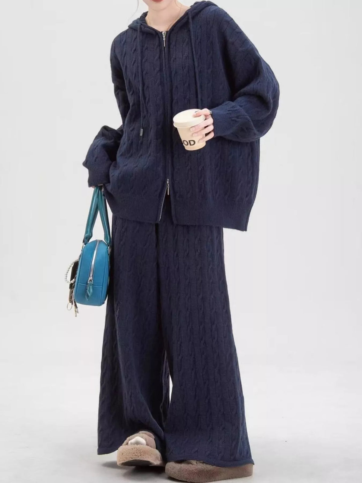 Cable-knit cardigan and pants set, navy front