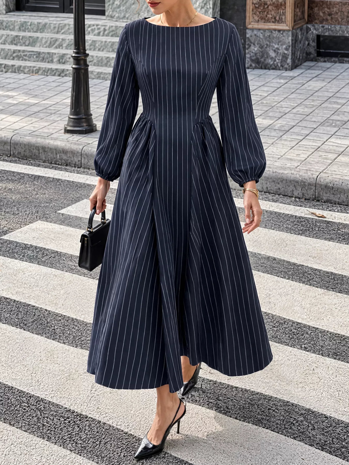 Striped Balloon Sleeve Maxi Dress — front view