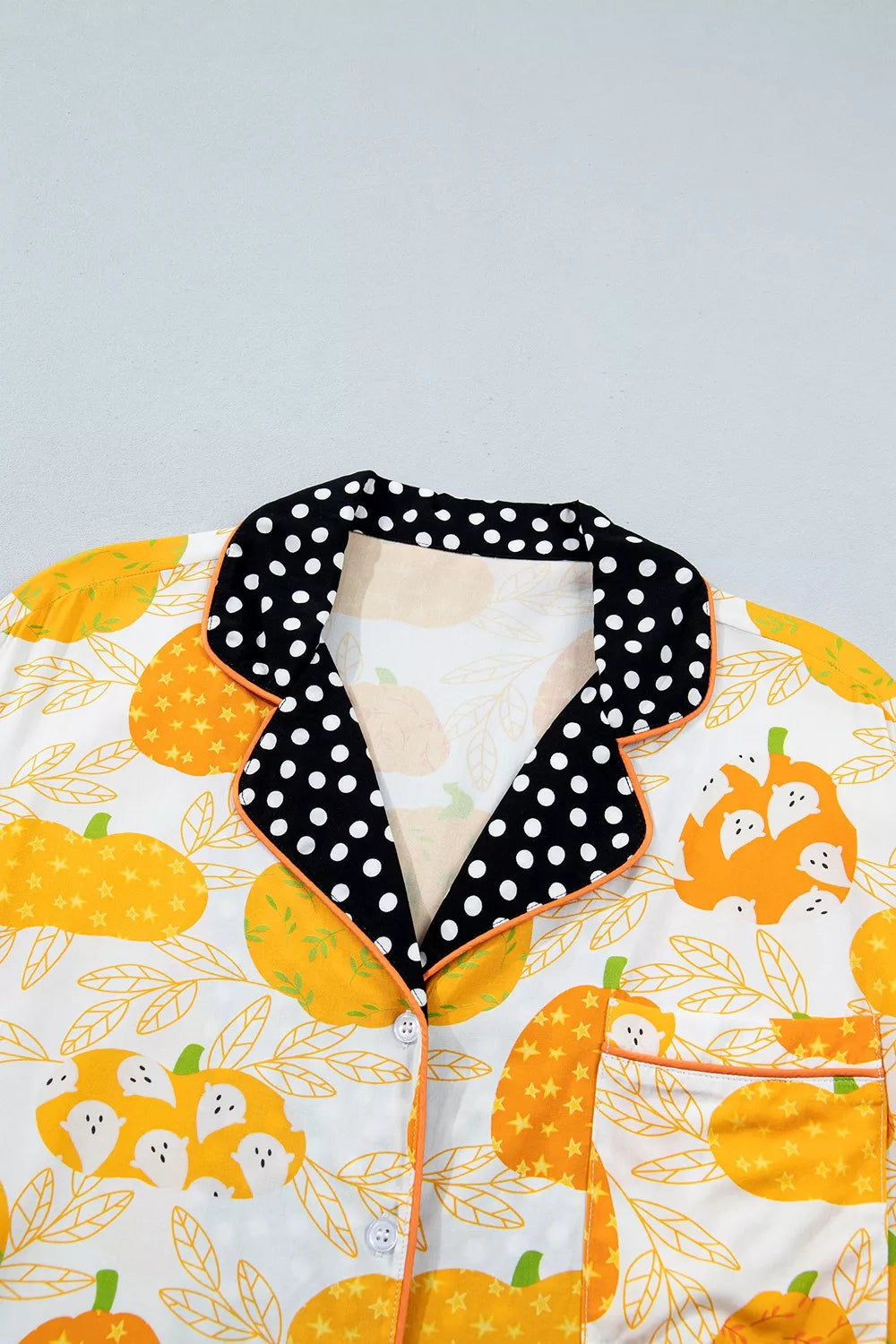 Trendsi Short Sleeve Pumpkin Print Polka Dot Trim Pocket Placket Lounge Set -