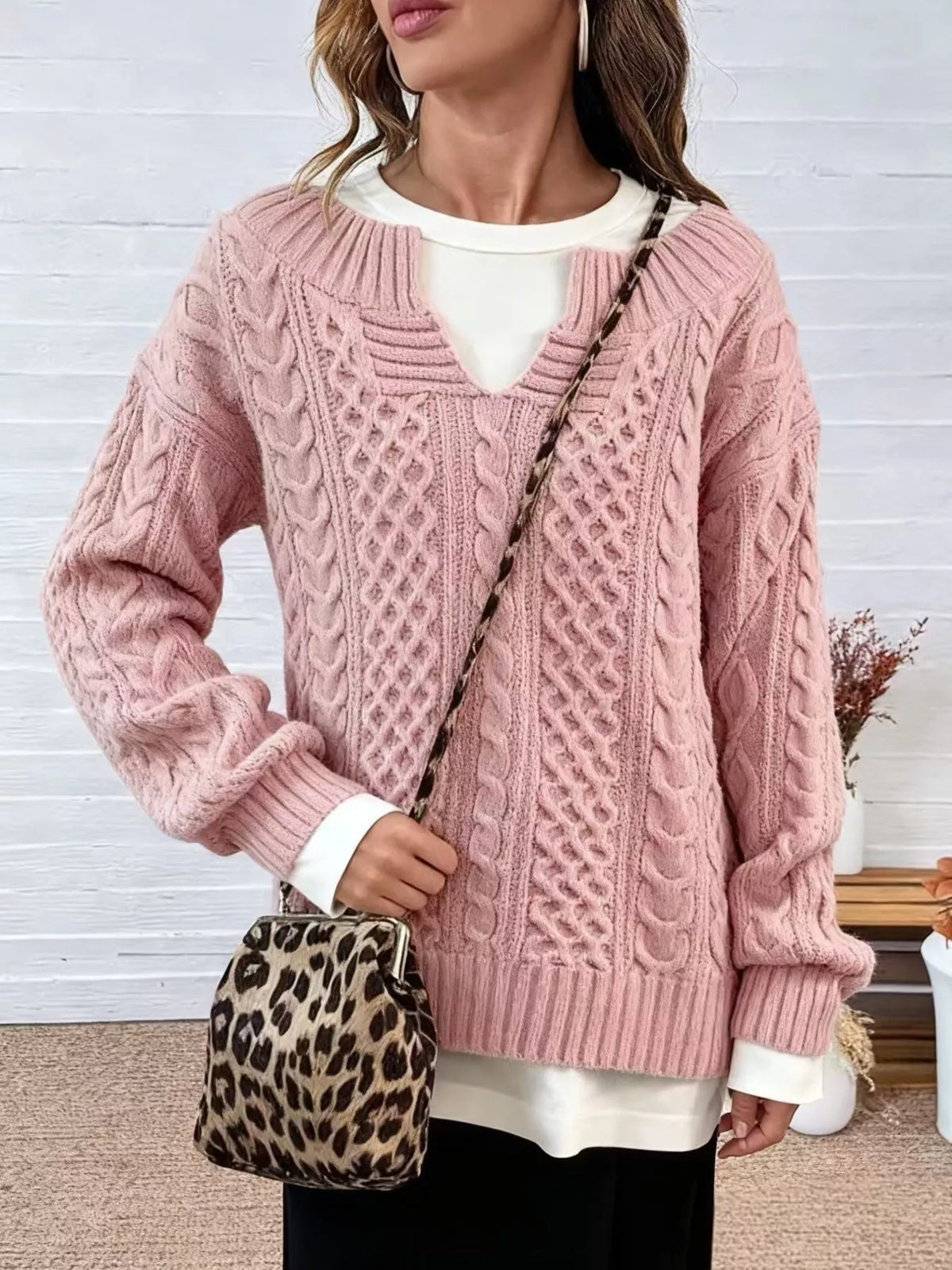 Pink Cable Knit Dropped Shoulder Sweater alternate view