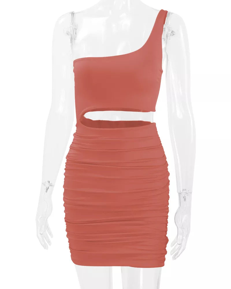 One-shoulder cutout dress, coral mannequin front