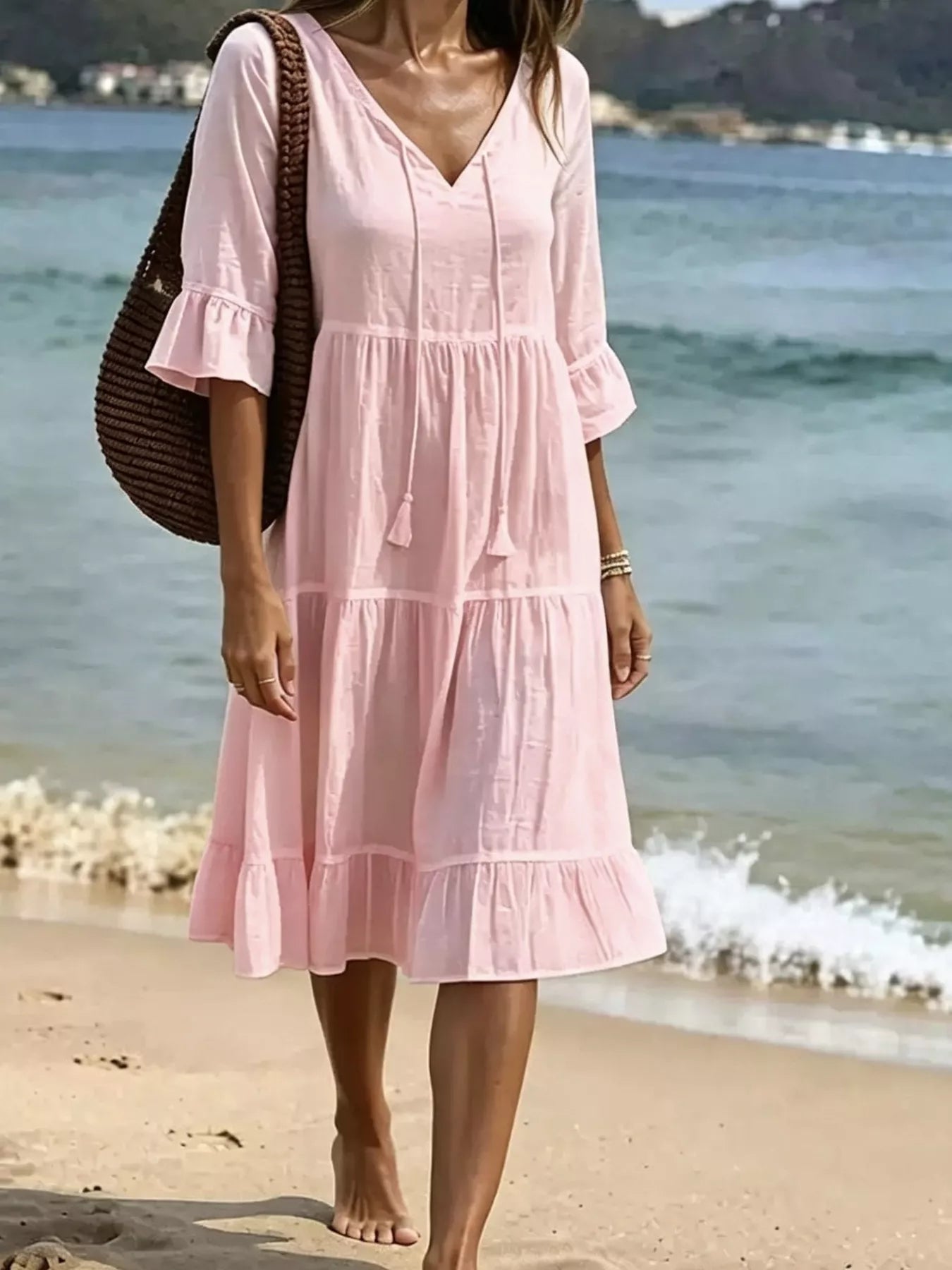 Trendsi Full Size Tiered Tie Neck Flounce Sleeve Dress Plus Size -