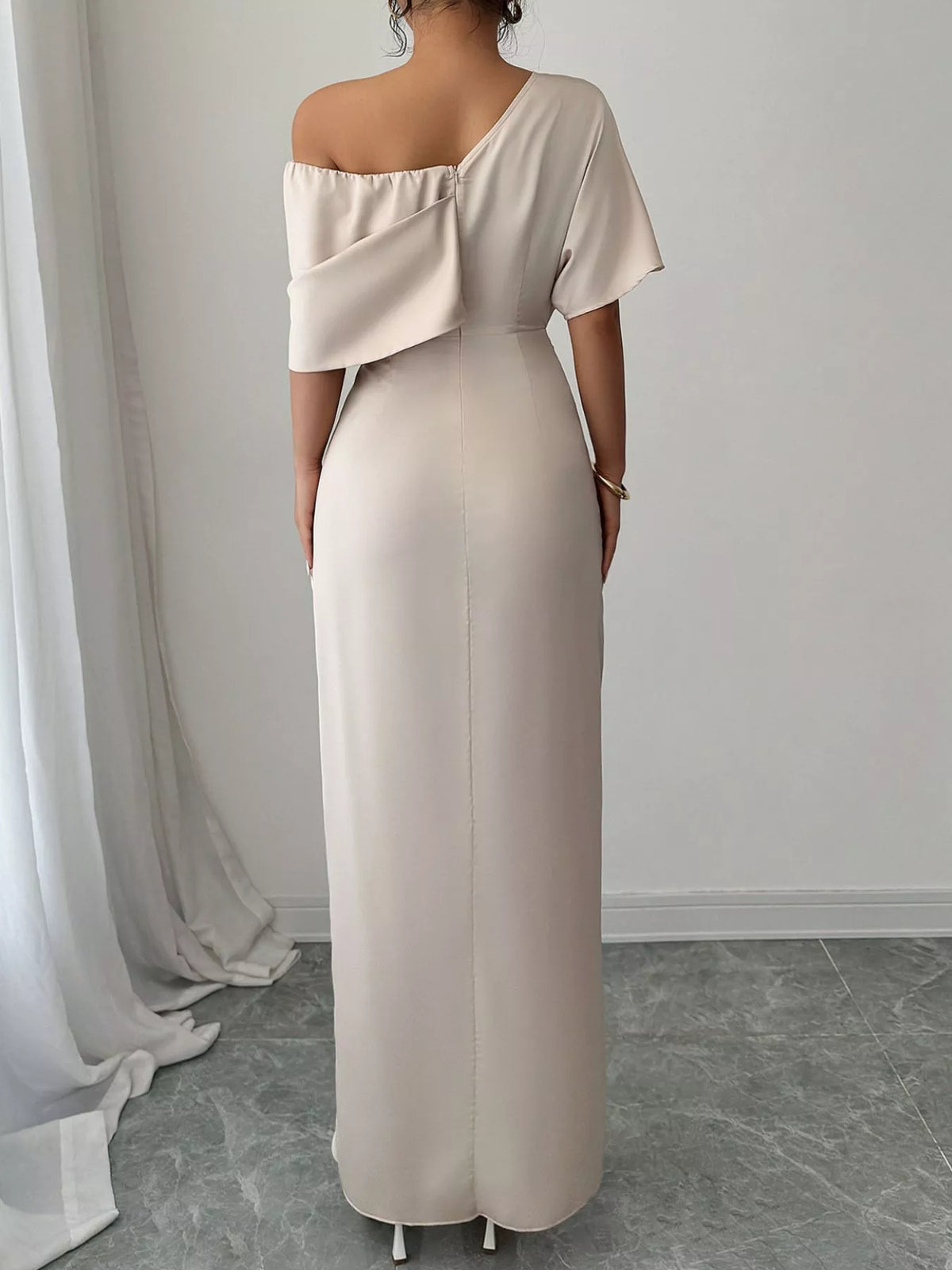 One-Shoulder Satin Maxi Dress in beige, back view