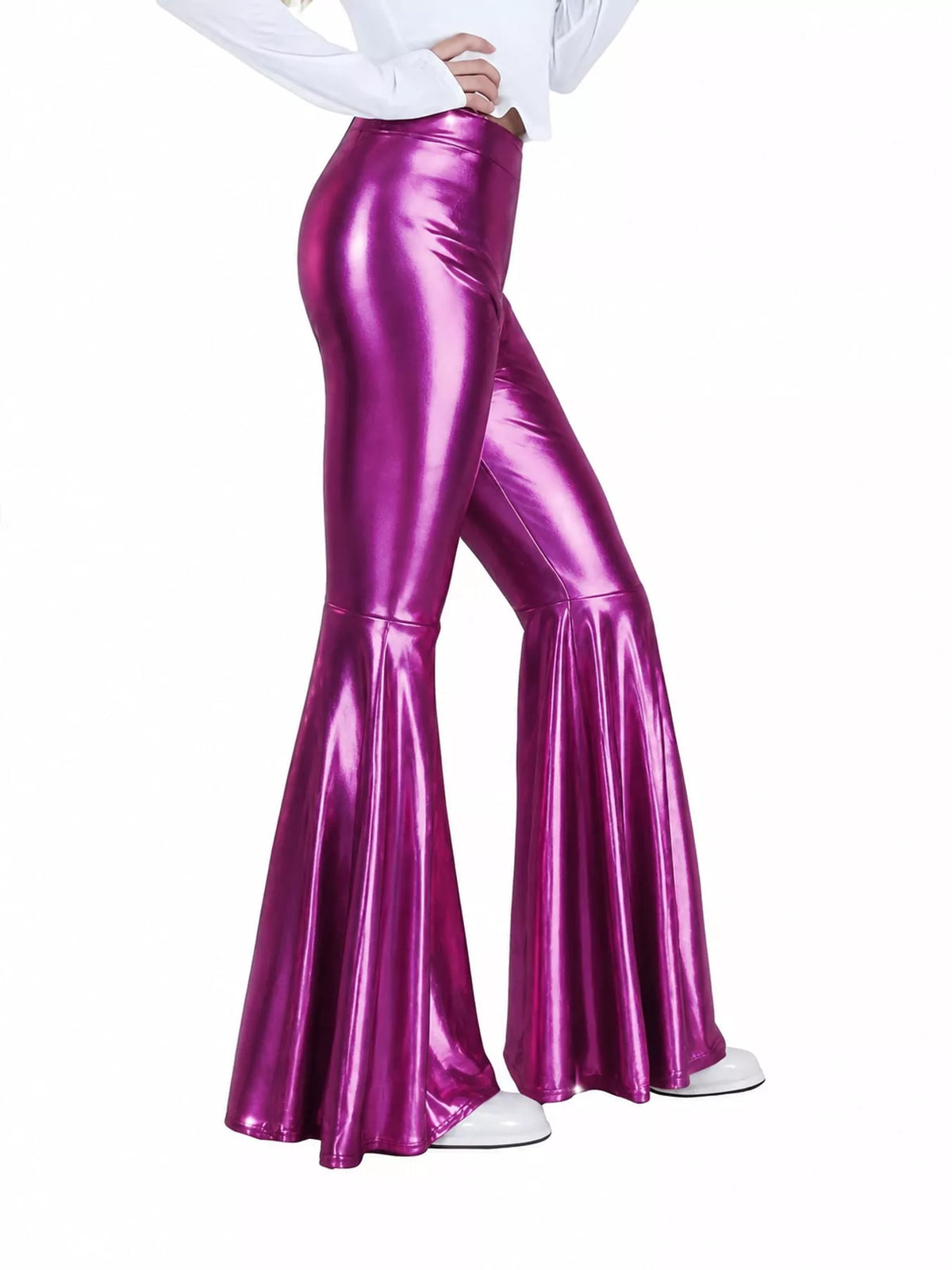 Pink high-waisted flare pants — side view