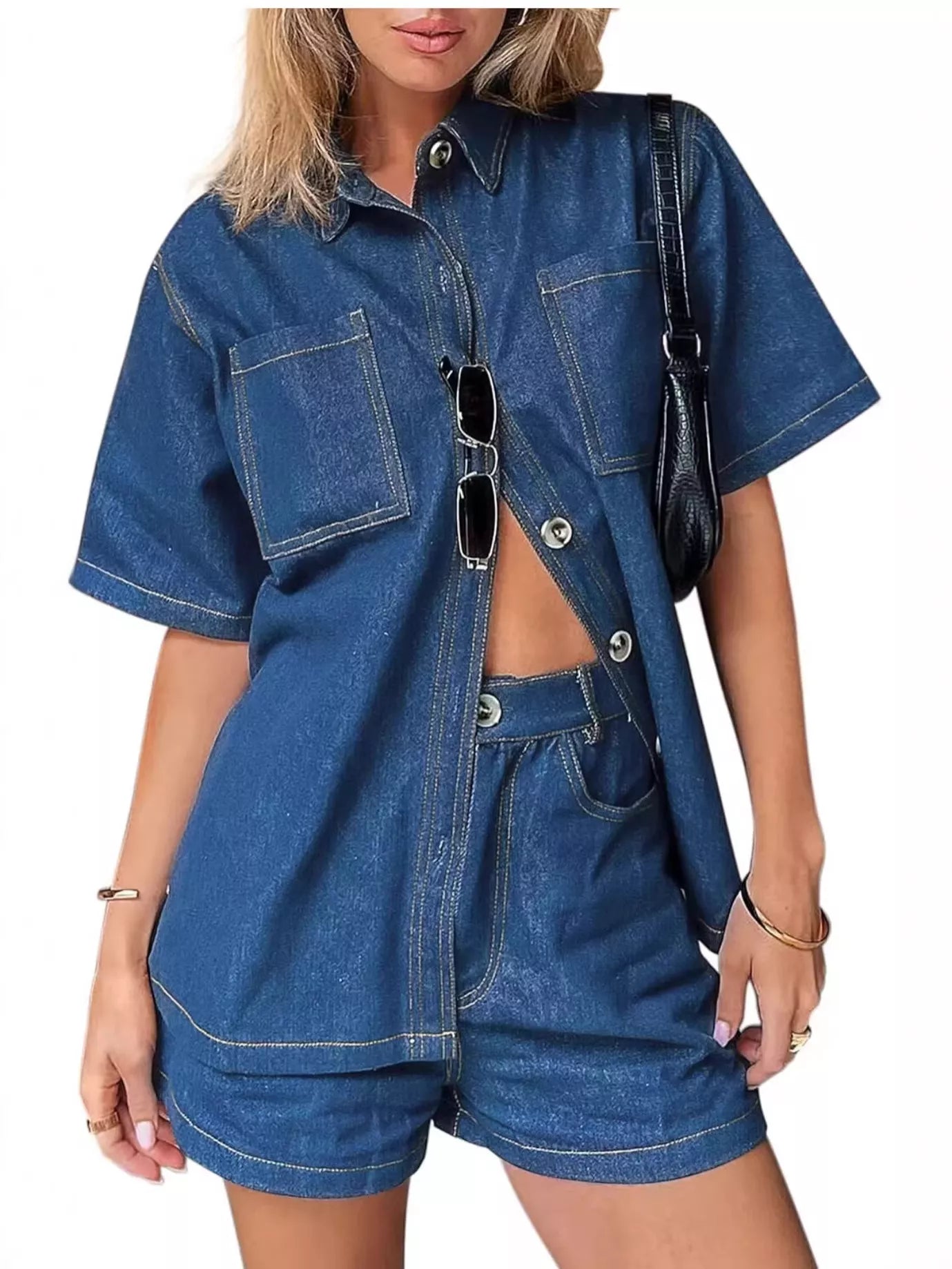 Trendsi Button Up Denim Shirt and Shorts Set -