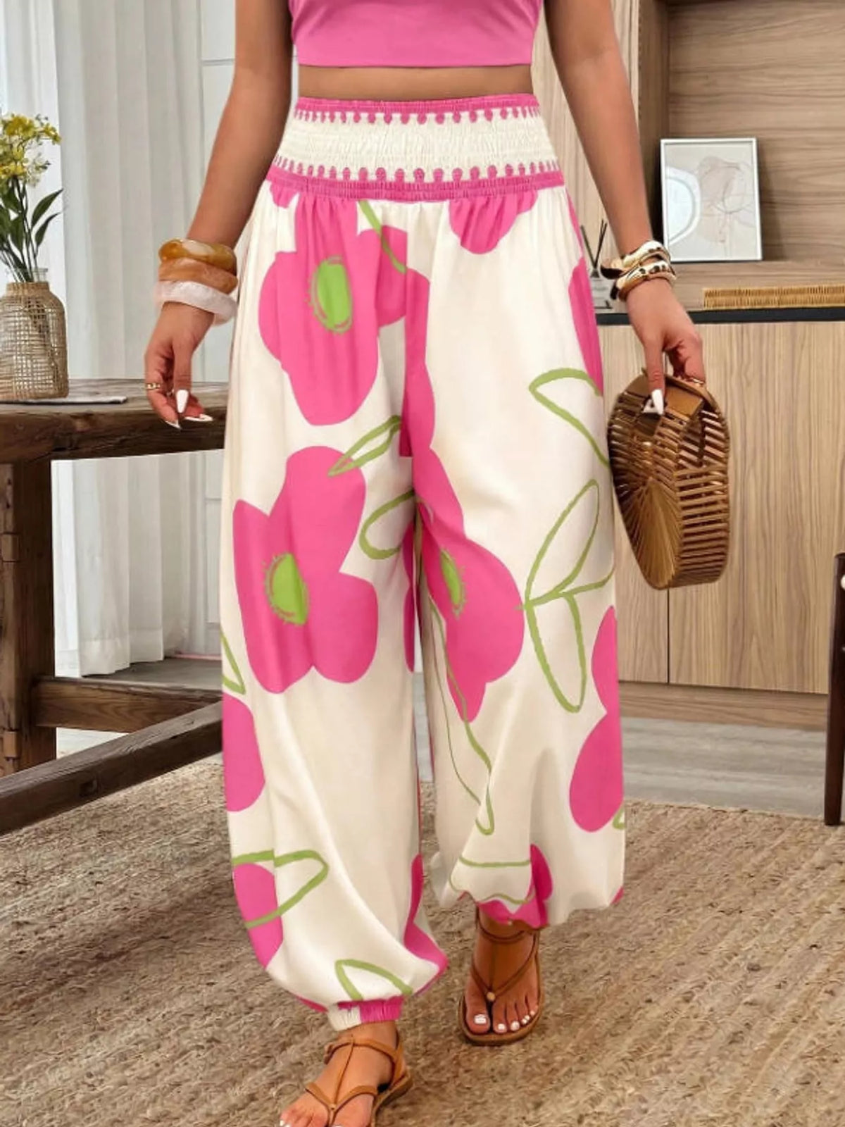 Pink floral print wide-leg pants