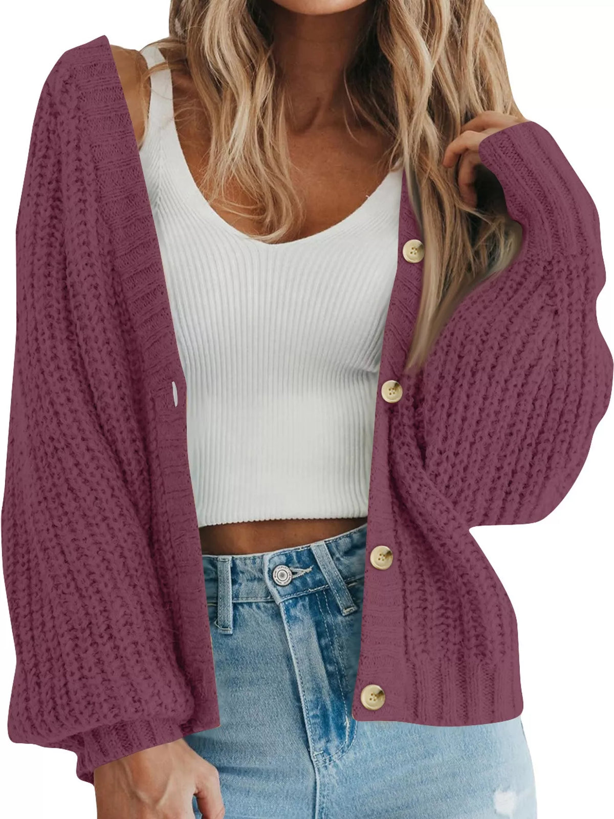 Button cardigan, purple front