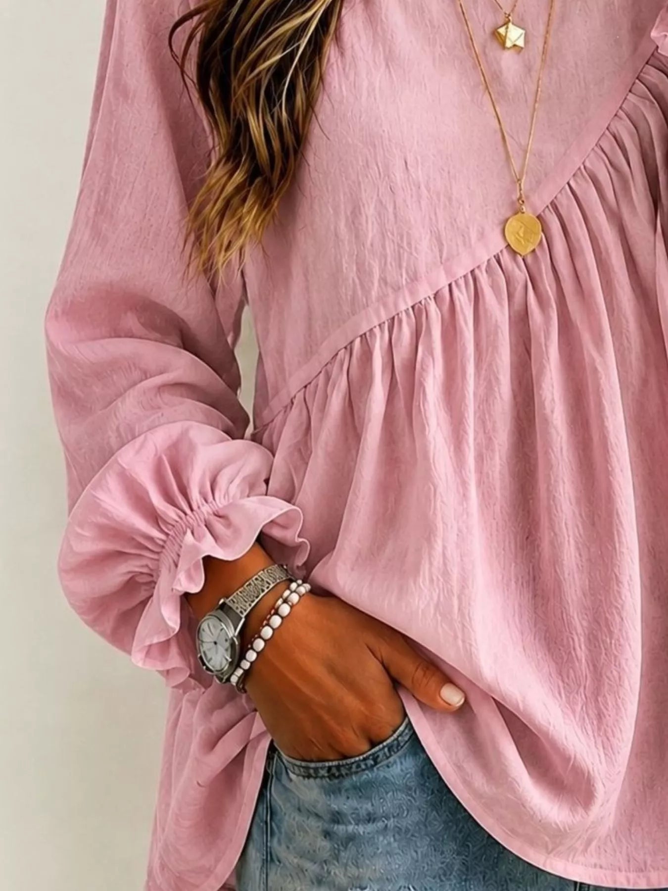 Trendsi Long Sleeve Blouse with Asymmetric Pleated Detail -