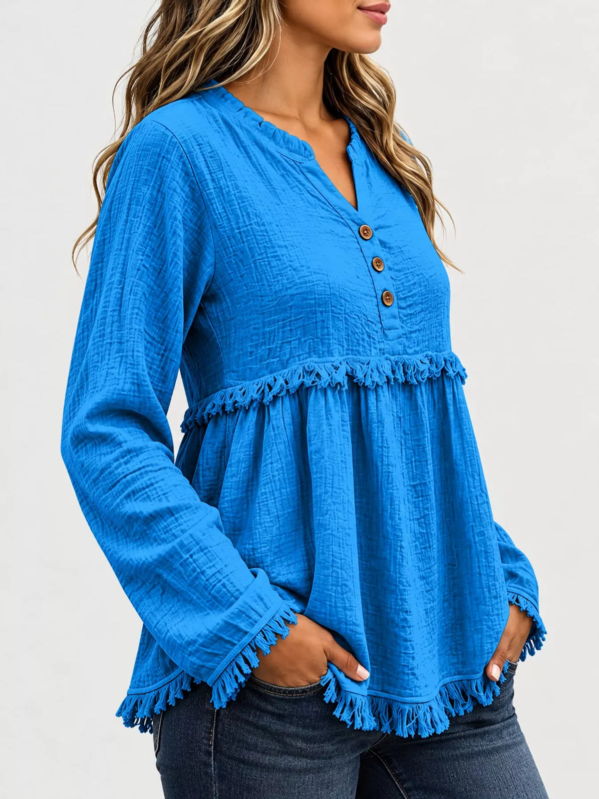 Frayed-hem blouse, blue side