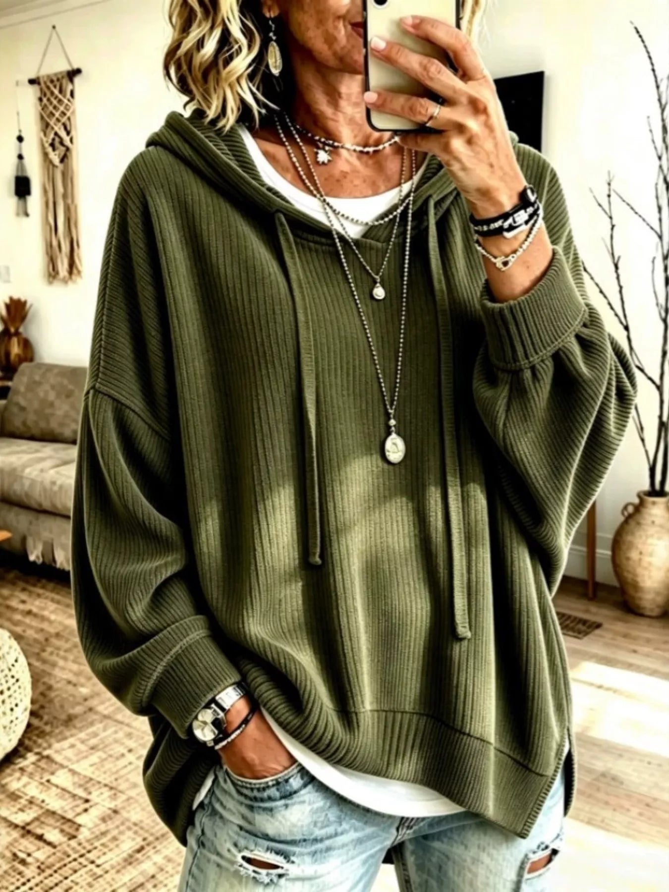Trendsi Drawstring Ribbed Knit Hoodie -