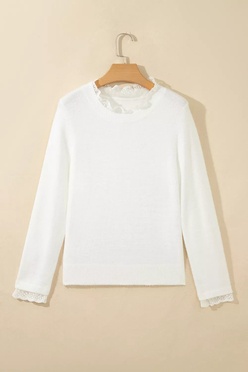 Trendsi Lace Trim Neck Cuff Patchwork Long Sleeve Pullover Sweater -