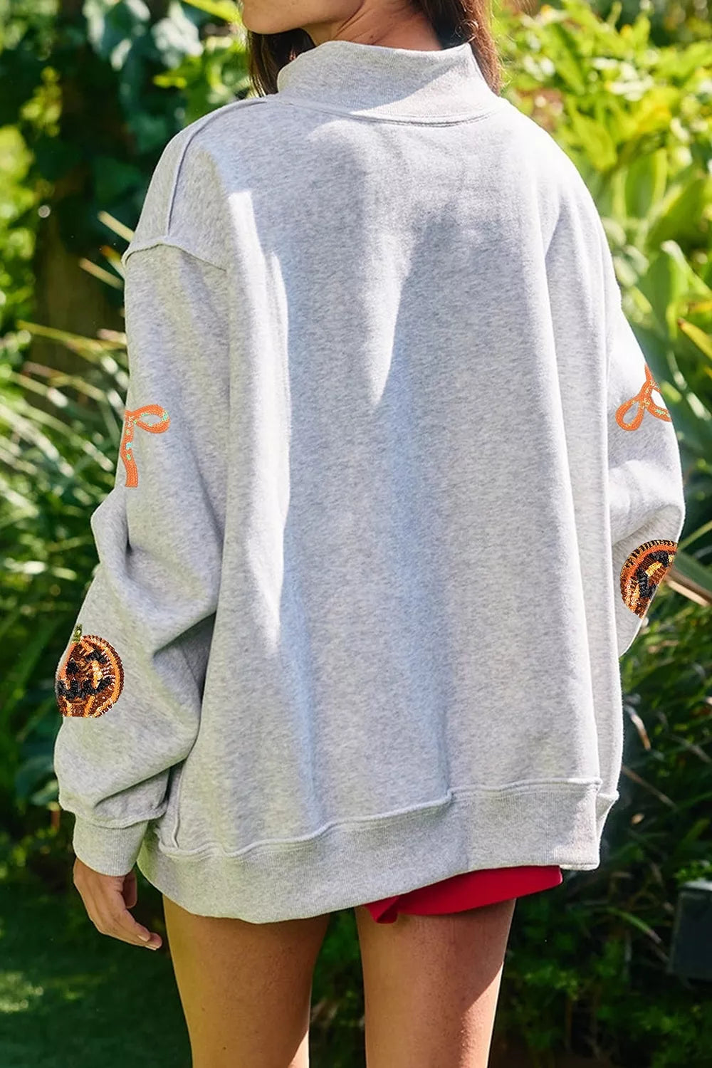 Women's light gray sequin pumpkin bow Halloween sweatshirt