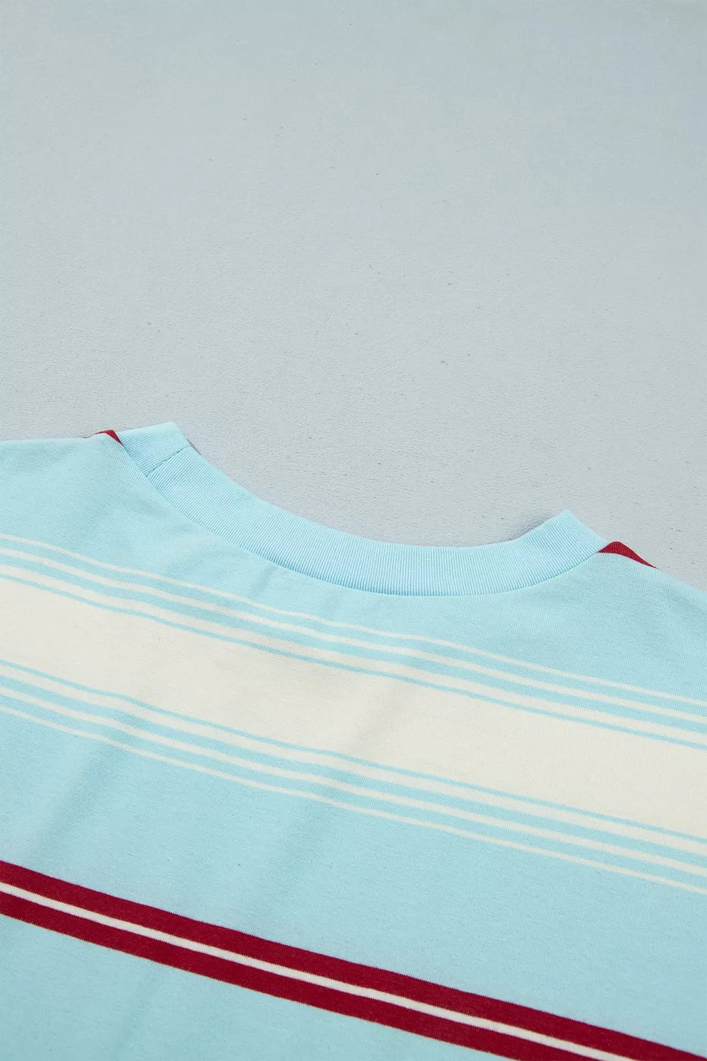 Striped Patchwork Long Sleeve Pullover Top in blue, back neckline detail