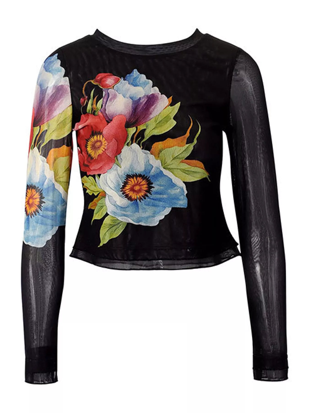 Floral Print Sheer Mesh Long Sleeve T-Shirt in black