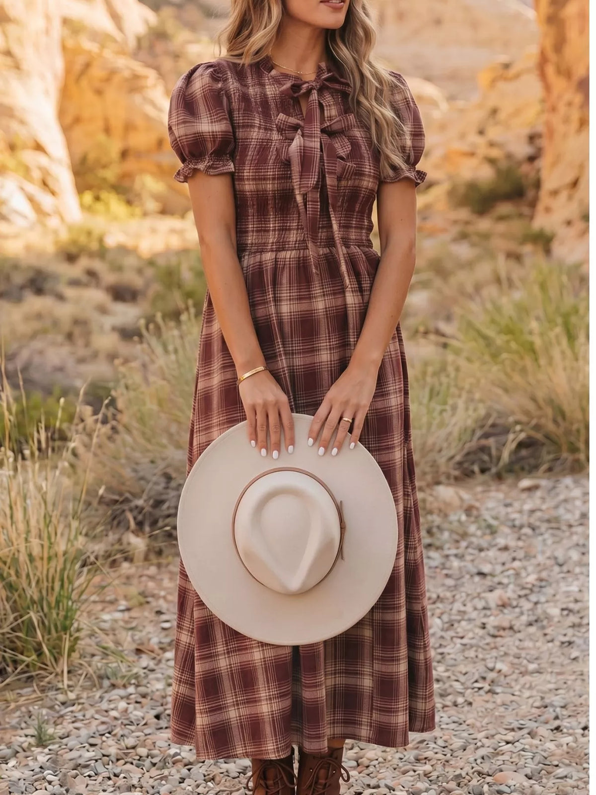 Plaid smocked dress, brown plaid straight front