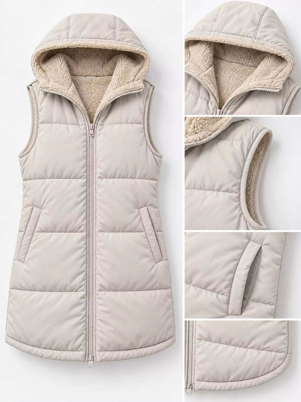 Ivory hooded sherpa-lined puffer vest, construction details