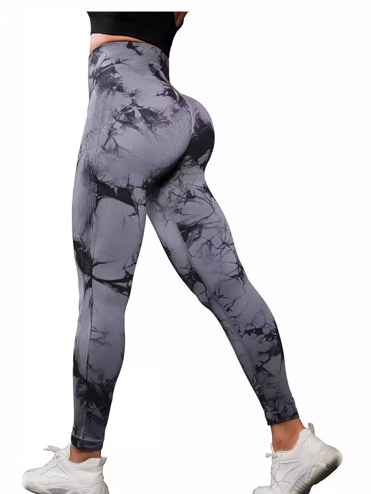 Gray high-waisted tie dye seamless active leggings, back view