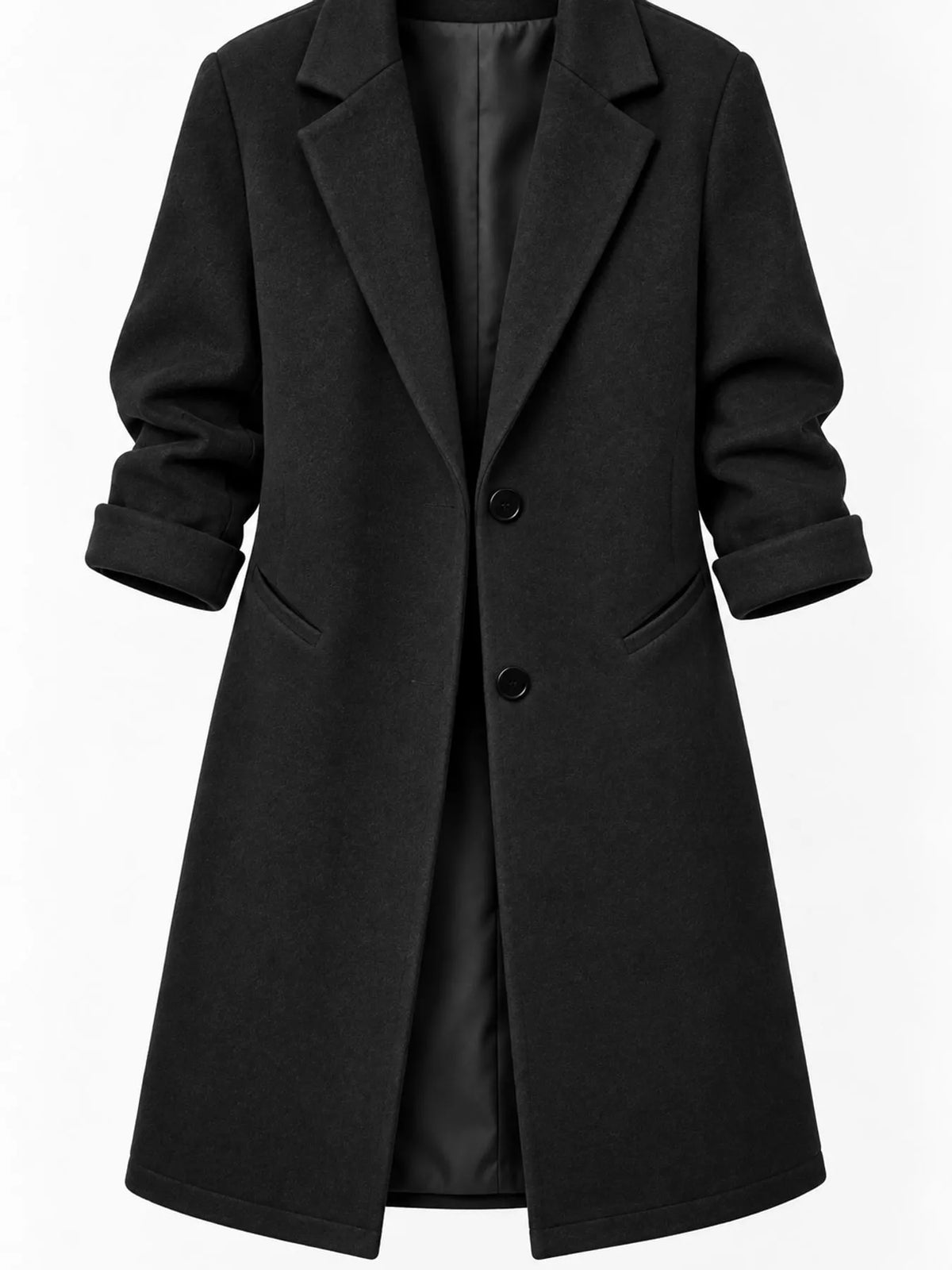 Black lapel collar button-up coat, lapels, front buttons, pockets, and folded cuffs