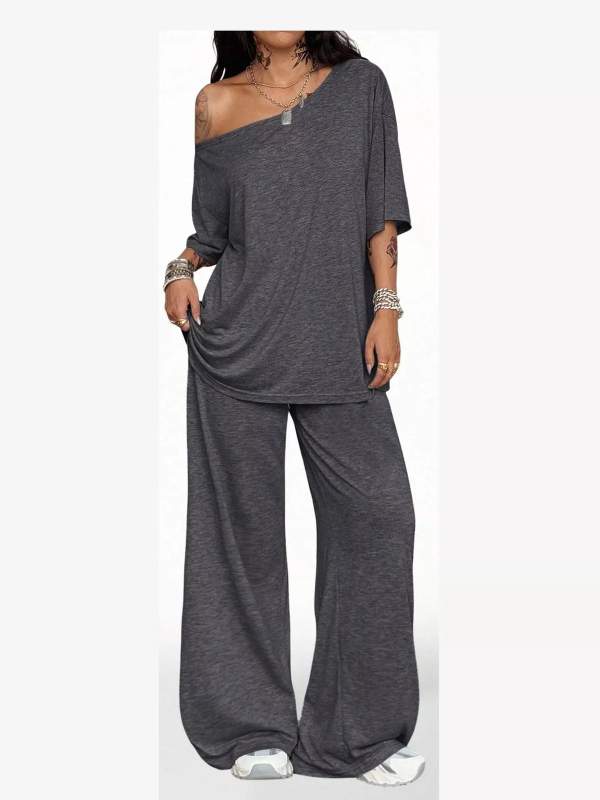 Dark gray boat neck top and wide-leg pants set — front view