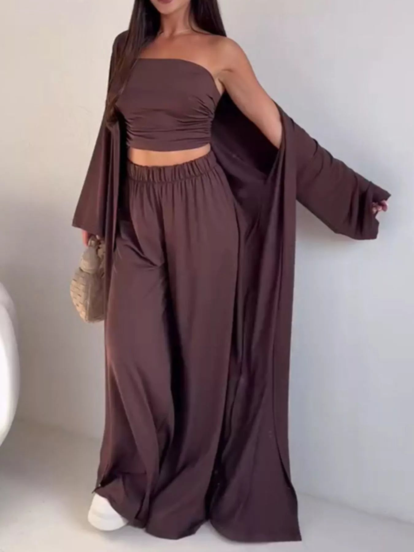 Trendsi Chic Strapless Ruched Crop Top and Wide-Leg Pants with Cardigan 3-Piece Set -
