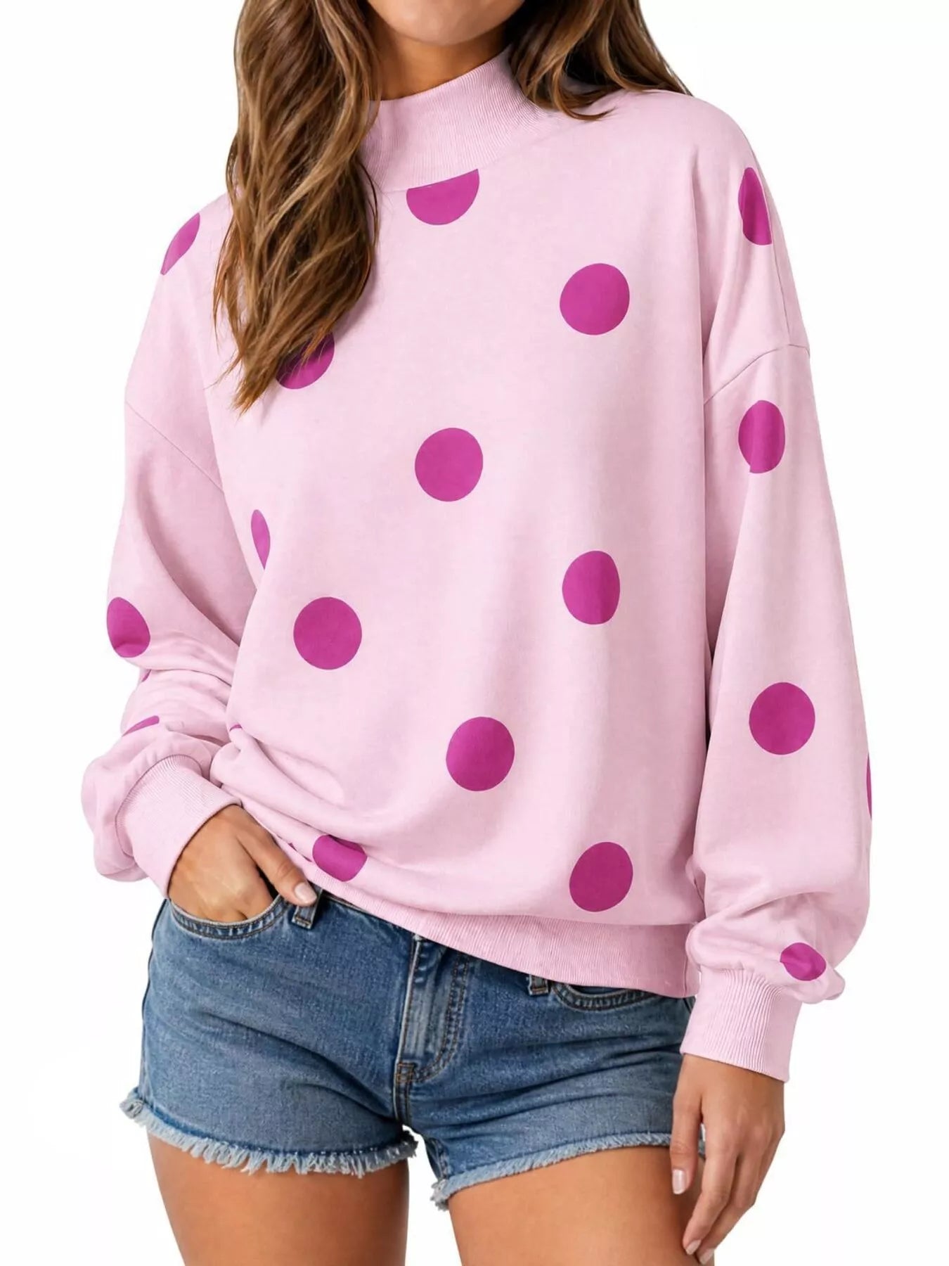 Trendsi Mock Neck Polka Dot Print Oversized Sweatshirt -