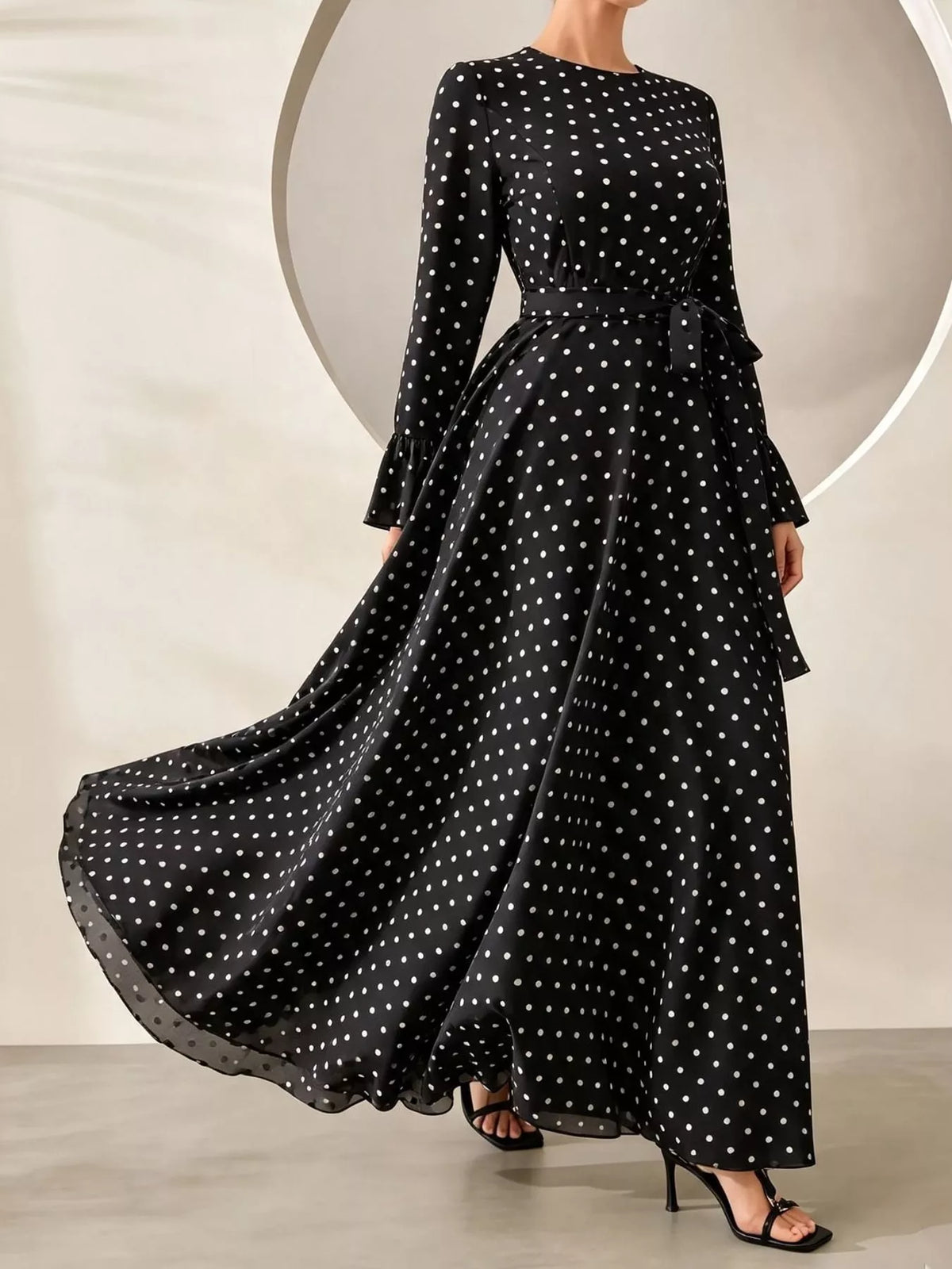 Polka Dot Long Sleeve Maxi Dress with Waist Tie in black