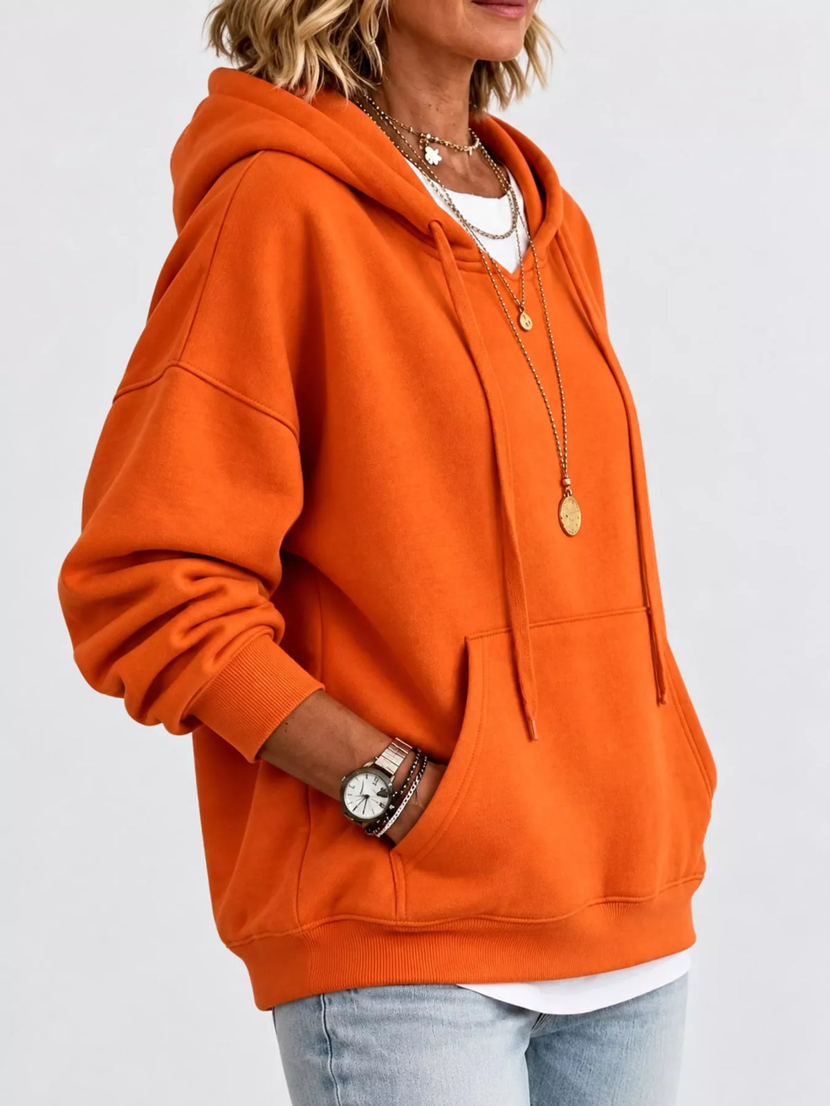 Women's Drawstring Dropped Shoulder Hoodie in orange — side view