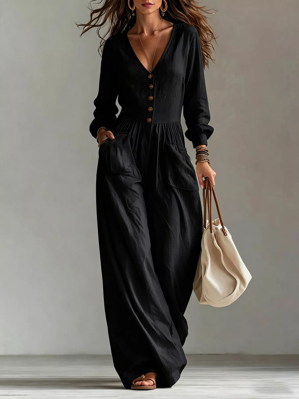 Trendsi V-Neck Long Sleeve Button Front Wide-Leg Jumpsuit -