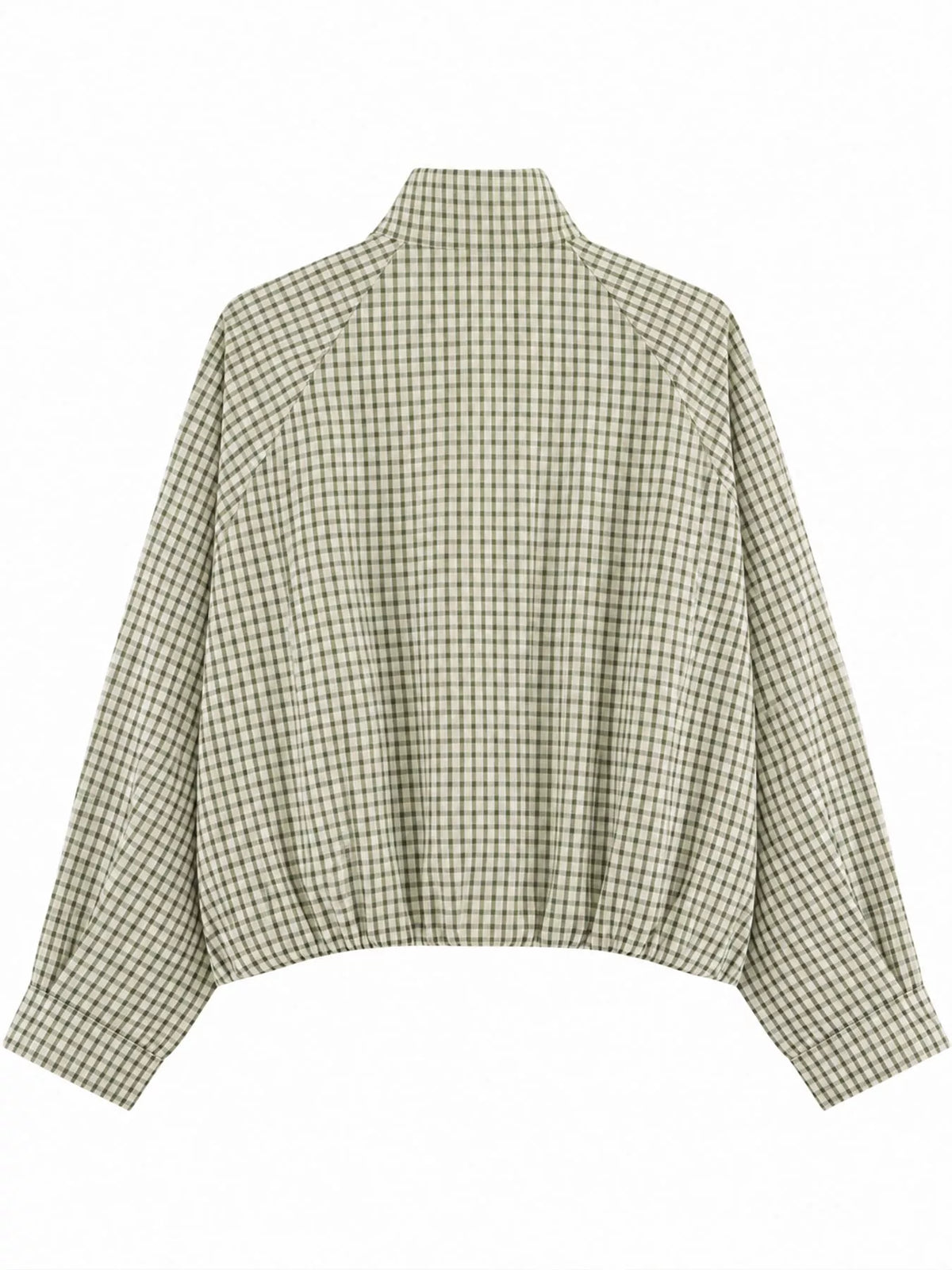 Grass Green plaid stand-collar cropped jacket, back view