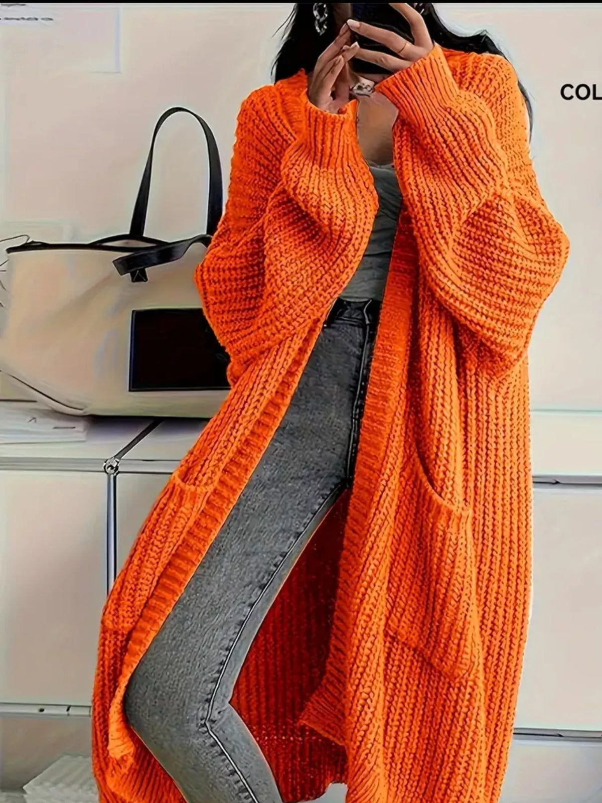 Longline knit cardigan, orange front