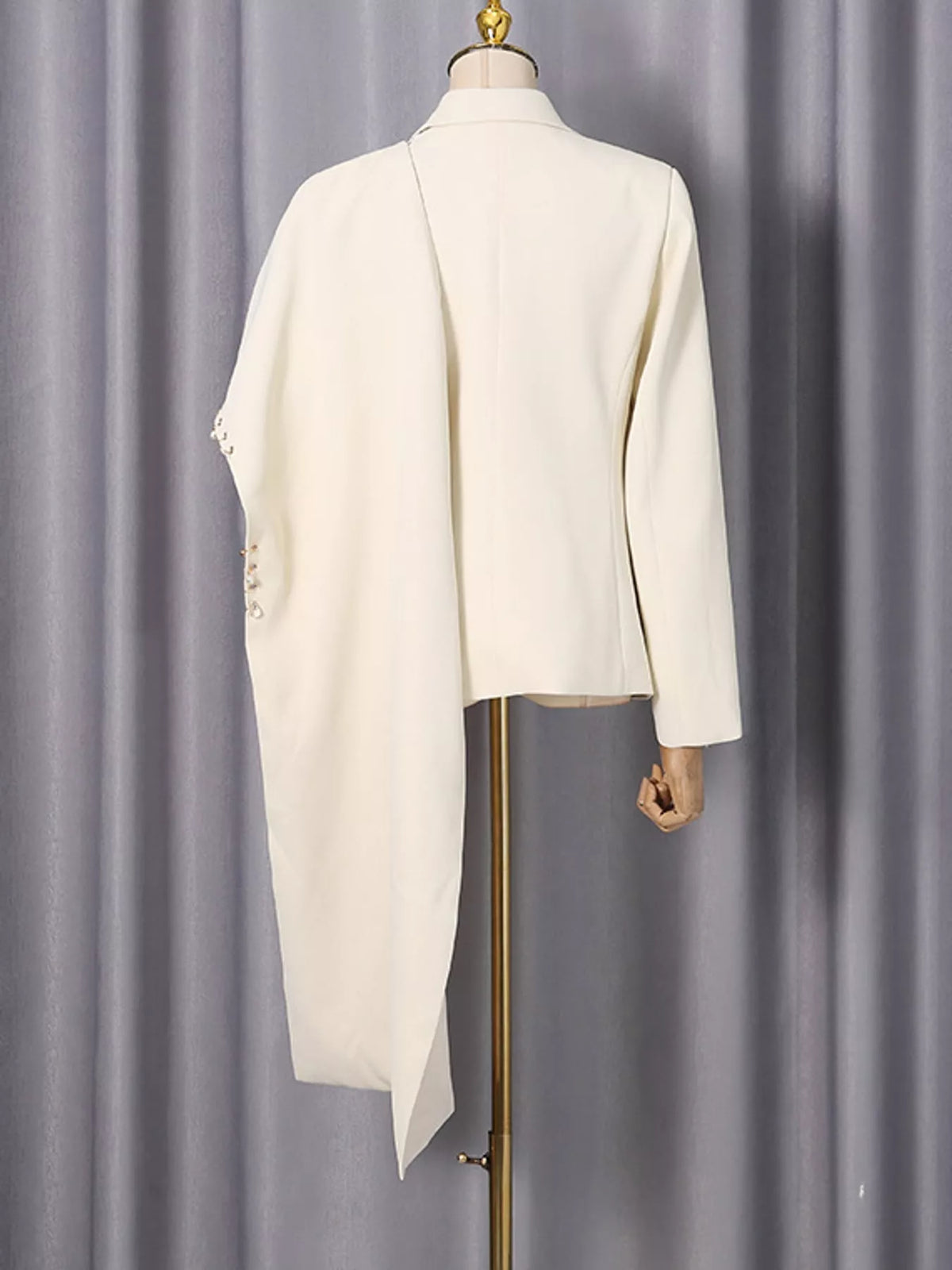 Pearl-Embellished Drape Blazer, back view in apricot