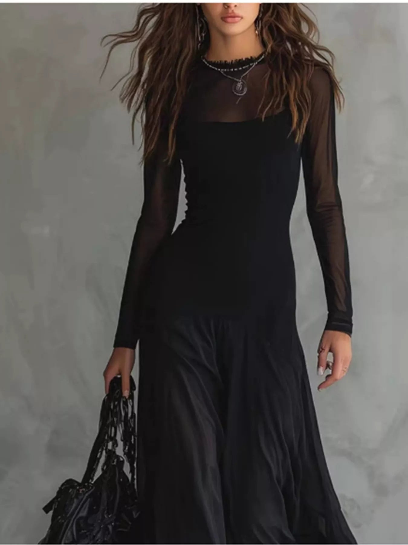 Trendsi Full Size Sheer Mesh Long Sleeve Maxi Dress Plus Size -