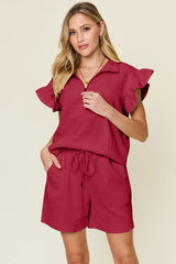 Trendsi Double Take Full Size Texture Flounce Sleeve Top and Drawstring Shorts Set -