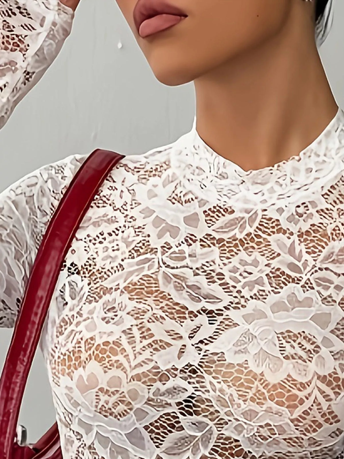 Floral Lace Mock Neck Long Sleeve Bodysuit, neckline detail