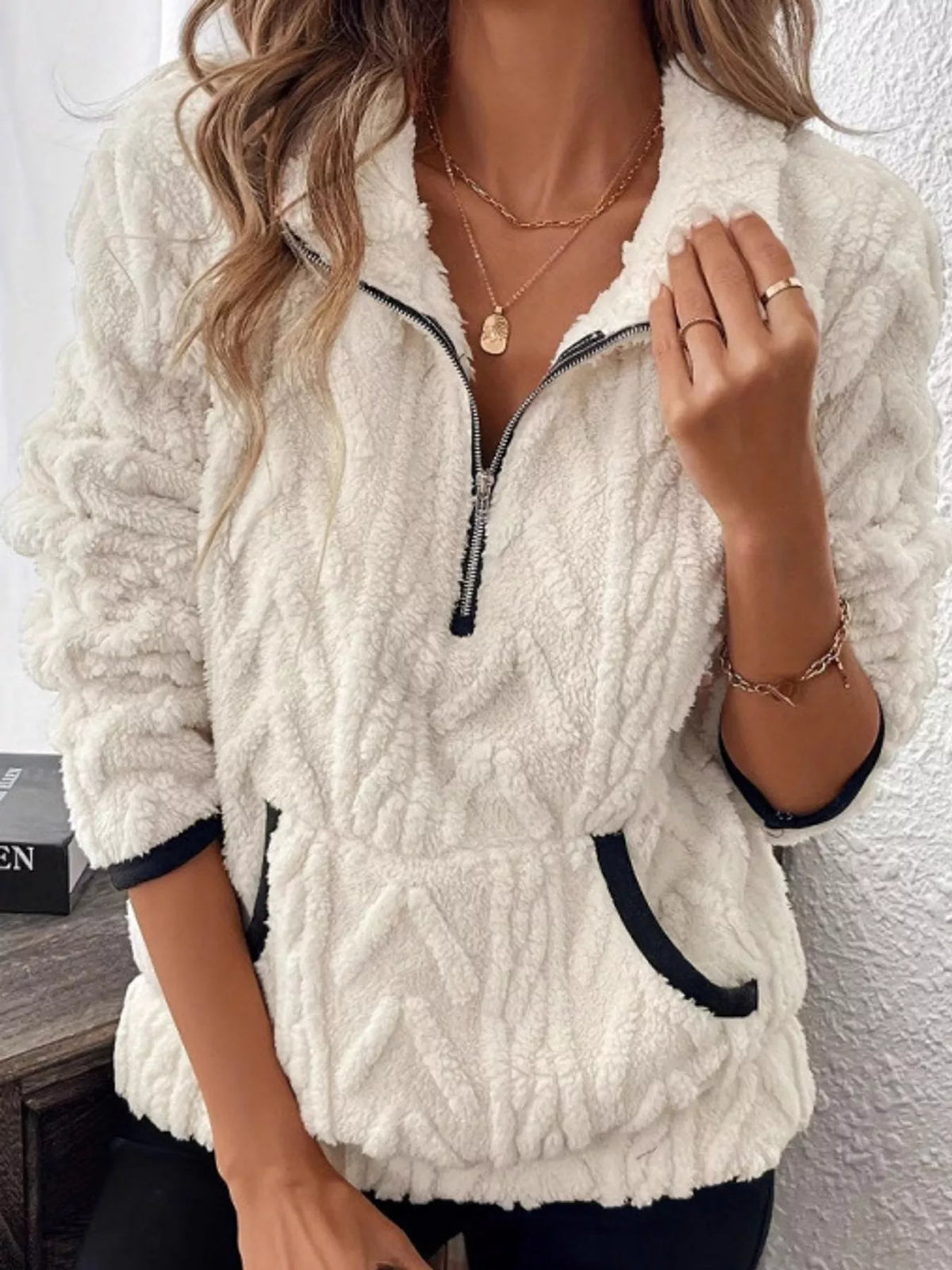 Women's Quarter-Zip Sherpa Sweatshirt in cream — front view