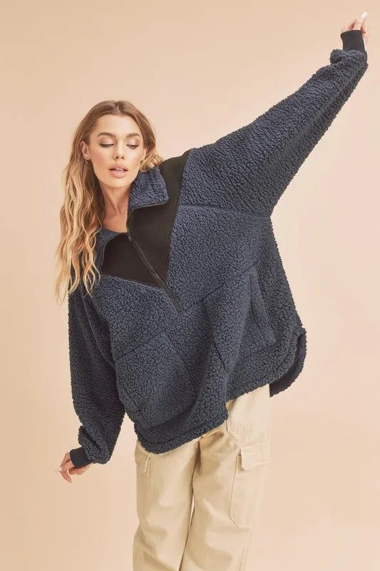Two-tone half-zip fleece short-sleeve sweatshirt