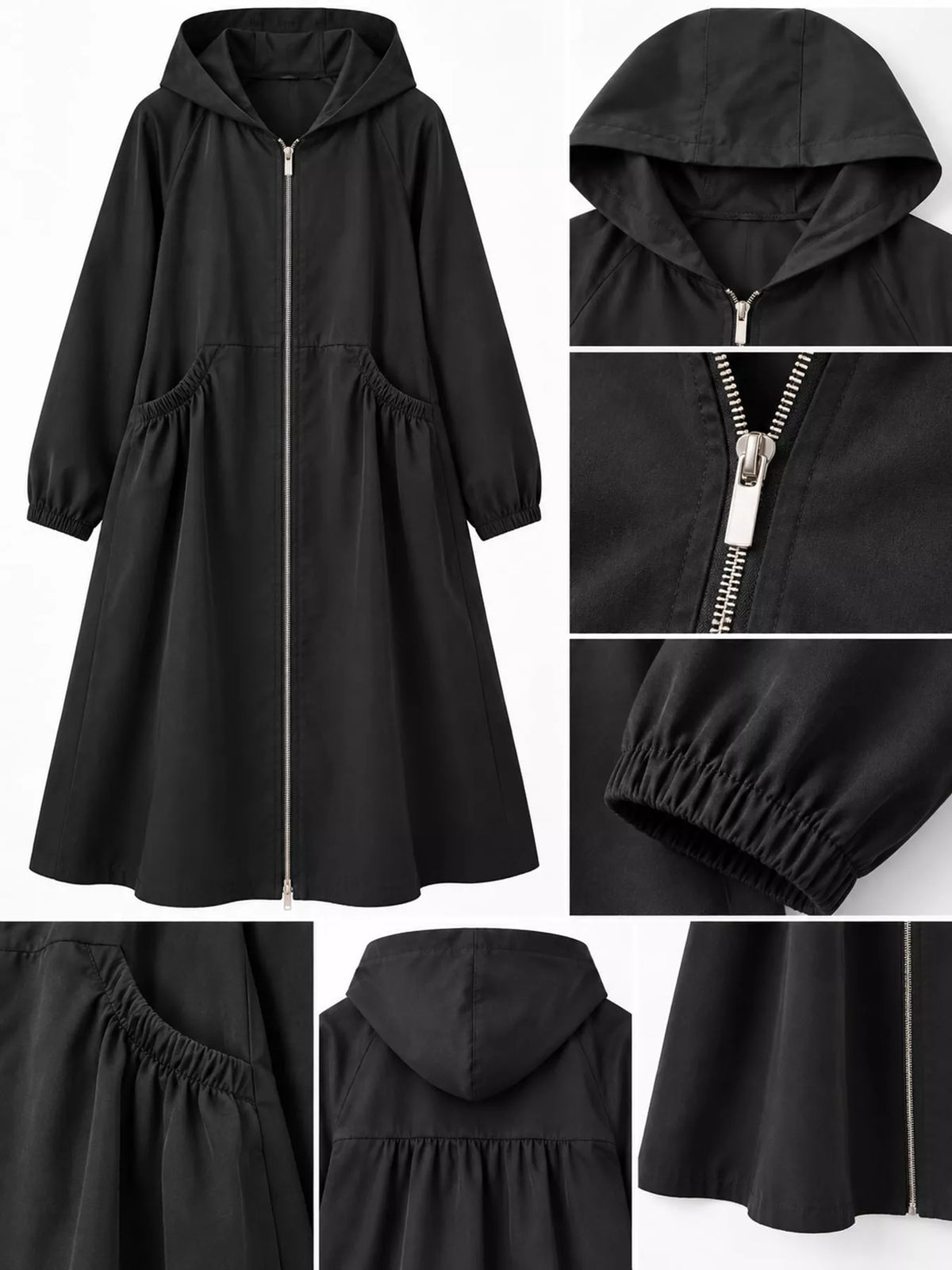 Hooded longline jacket, black detail collage