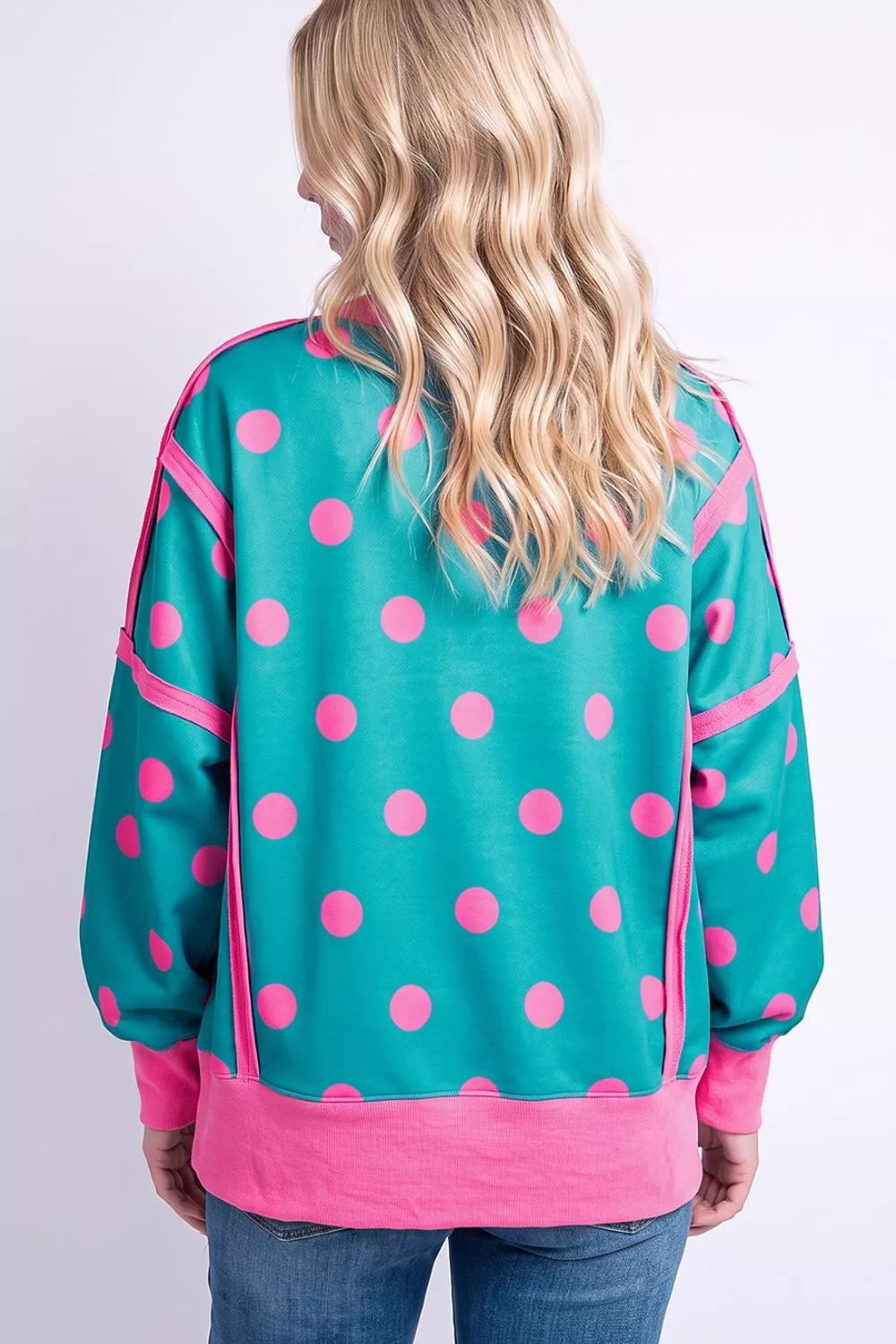 Trendsi Polka Dot Contrast Patchwork Round Neck Baggy Sweatshirt -