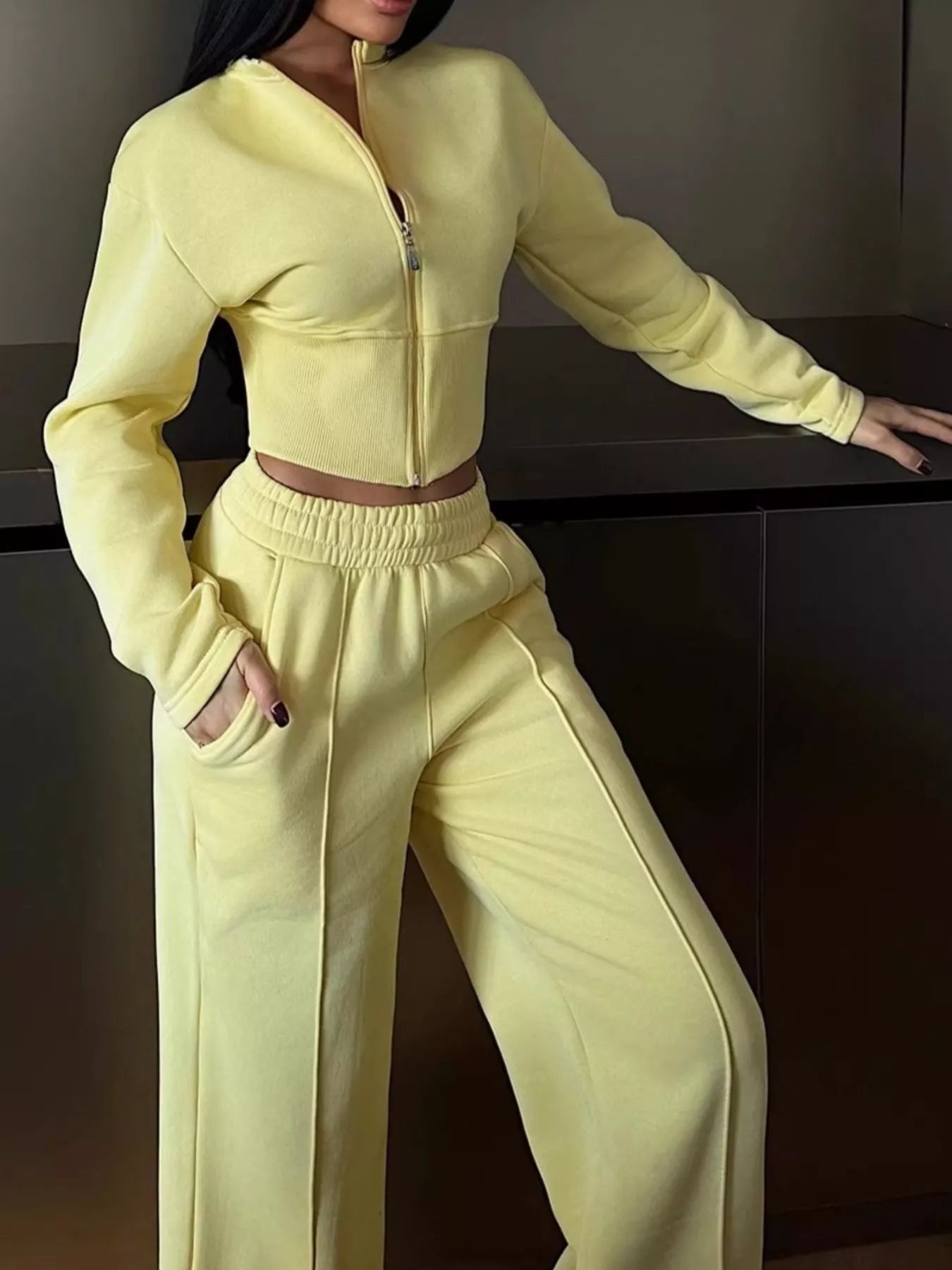 Trendsi Zip-Up Crop Jacket and Wide-Leg Pants Set -