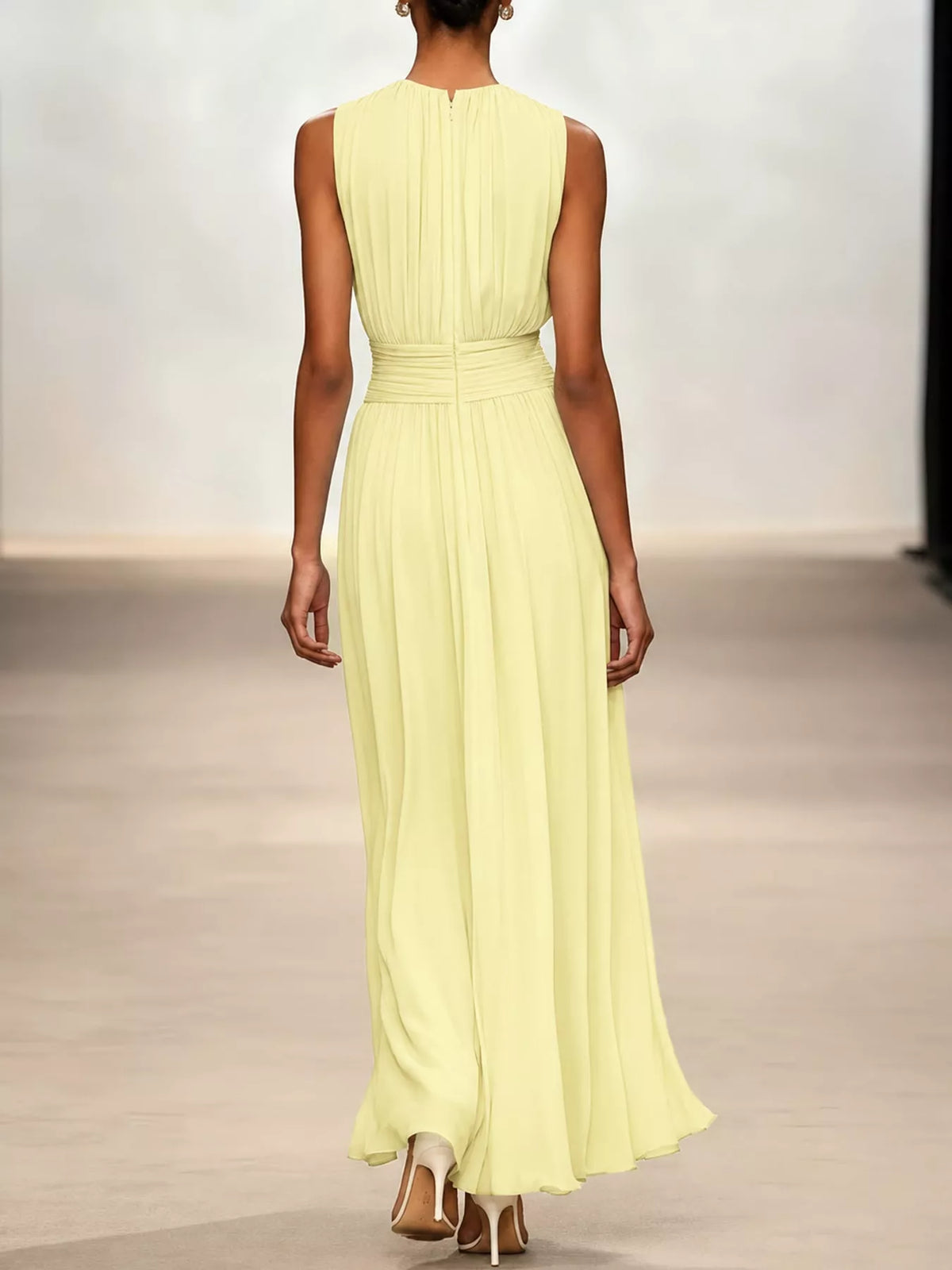 Yellow sleeveless ruched chiffon maxi dress, back view