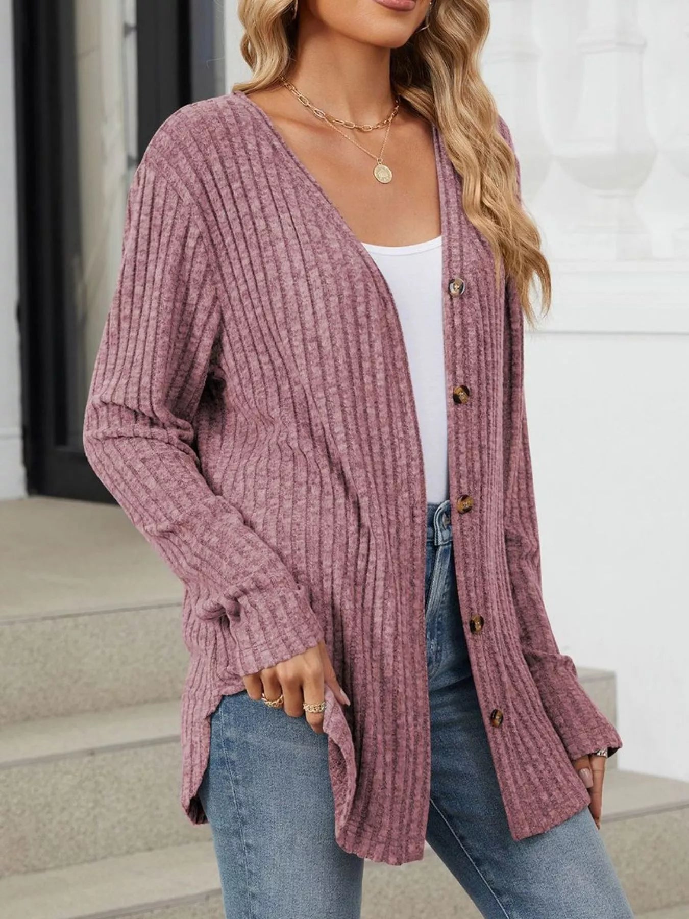 Trendsi Ribbed Button-Up Cardigan -