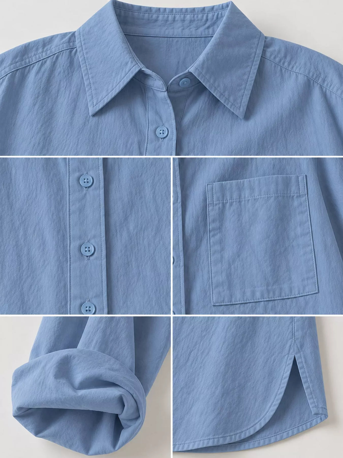 Blue button down long sleeve shirt, detail view