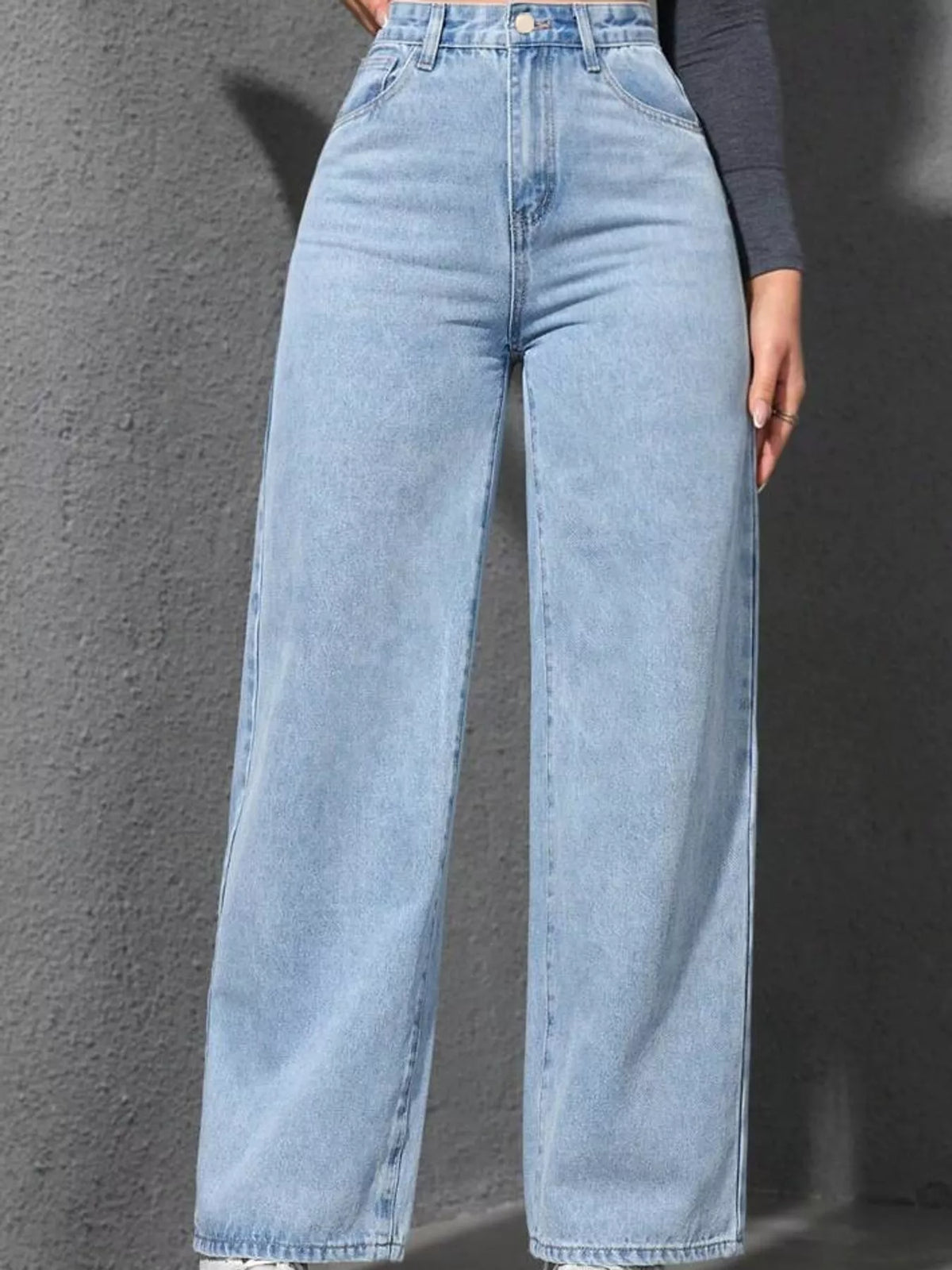 Light blue high waisted wide leg jeans, front view