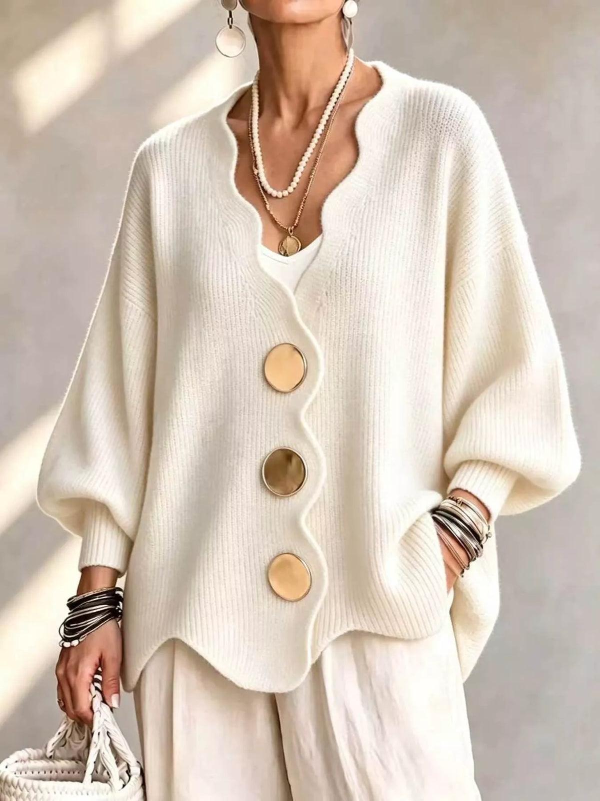Women's Scalloped-Edge Oversized Button-Down Cardigan in Beige, front view