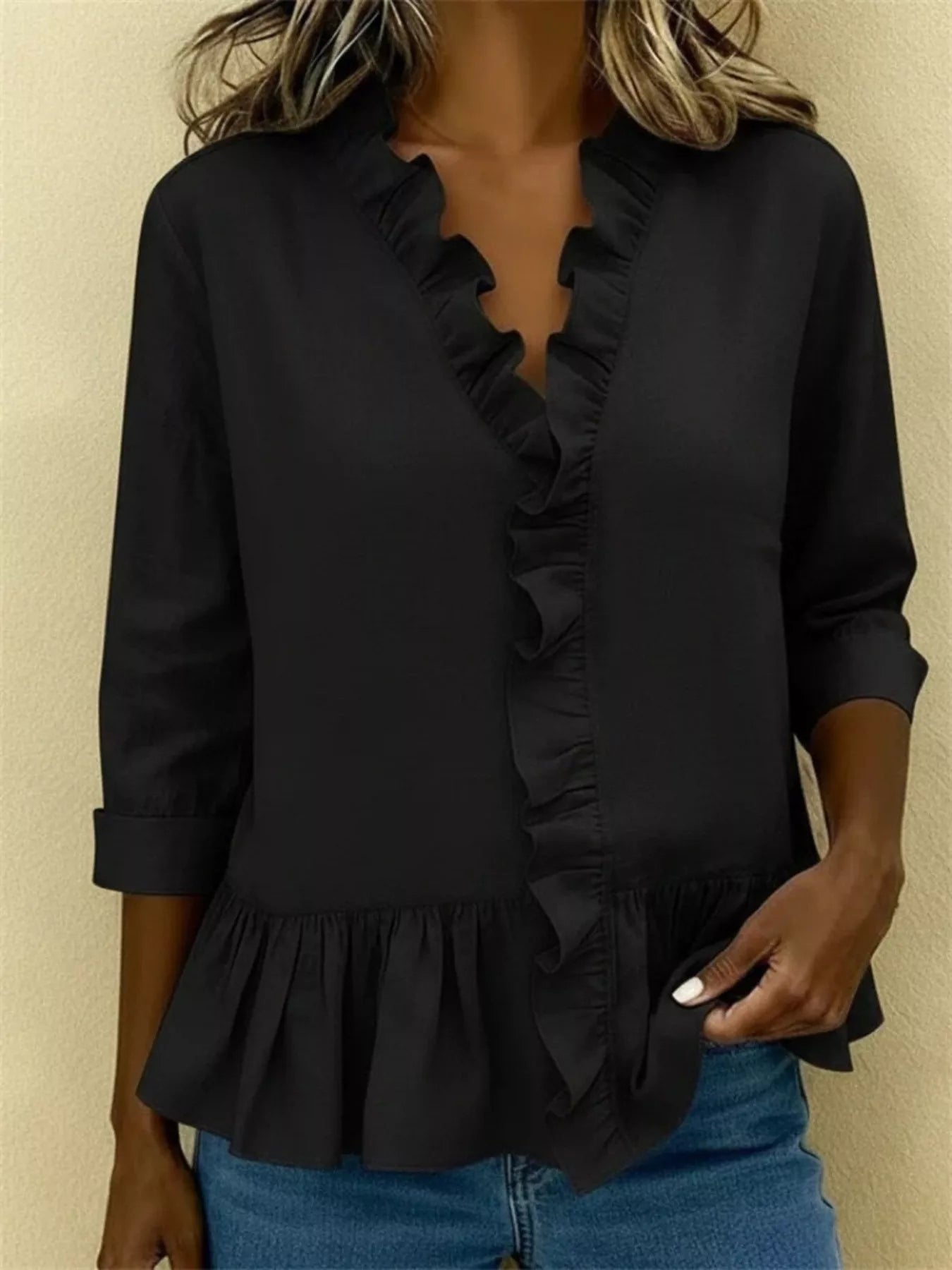 Trendsi Full Size Ruffled V-Neck Long Sleeve Blouse Plus Size -