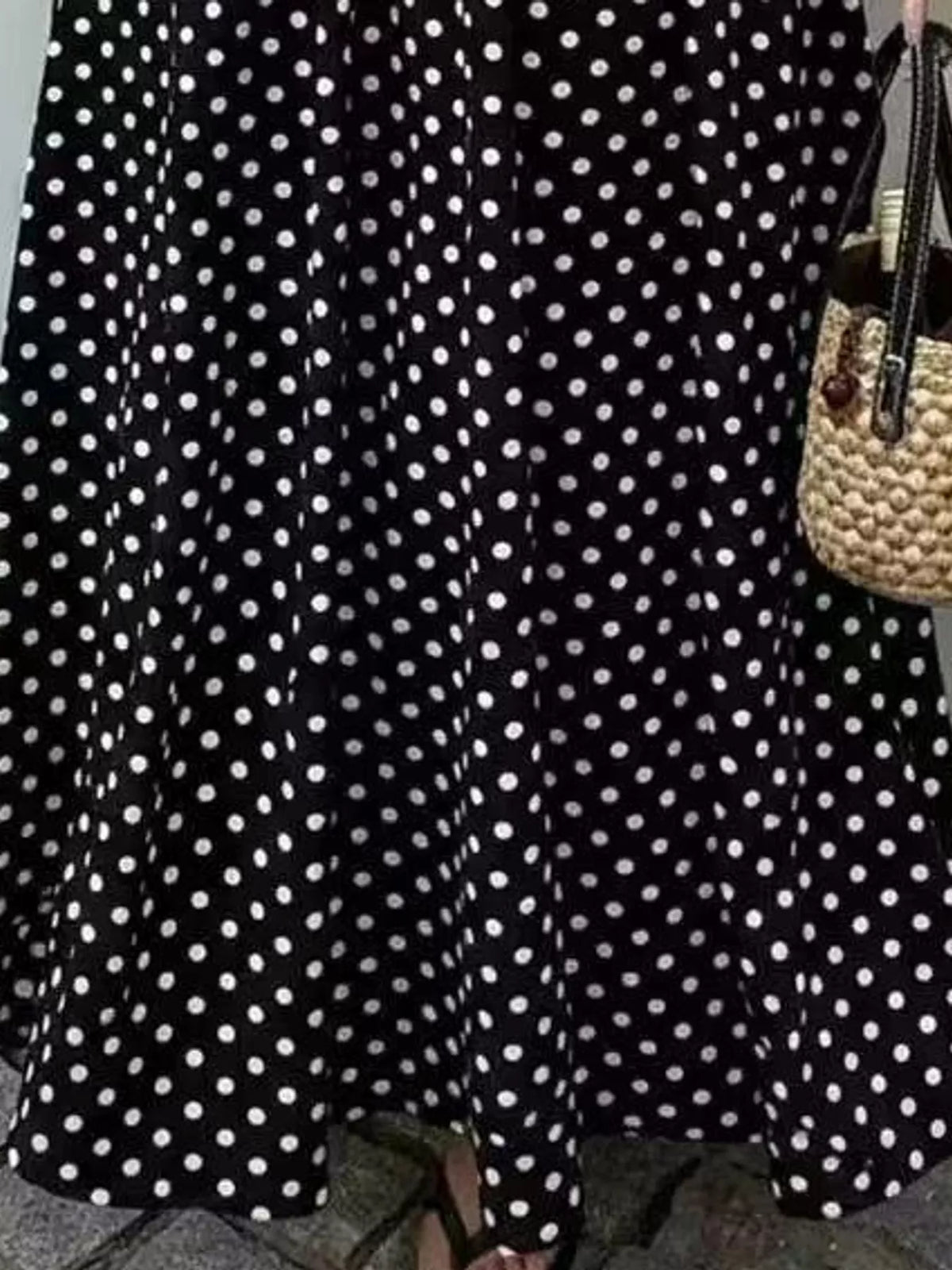 Women's Strapless Polka Dot Ruched Maxi Dress in black dots — print detail view