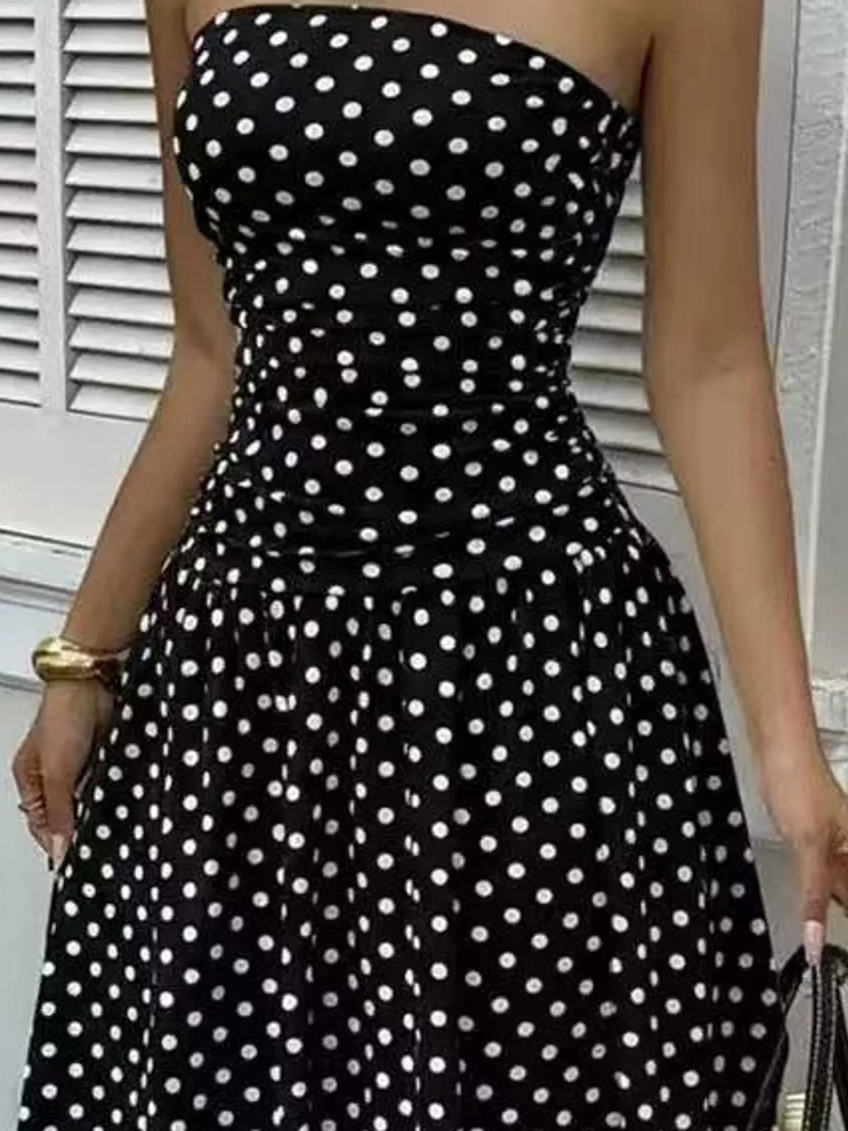 Women's Strapless Polka Dot Ruched Maxi Dress in black dots — waist detail view