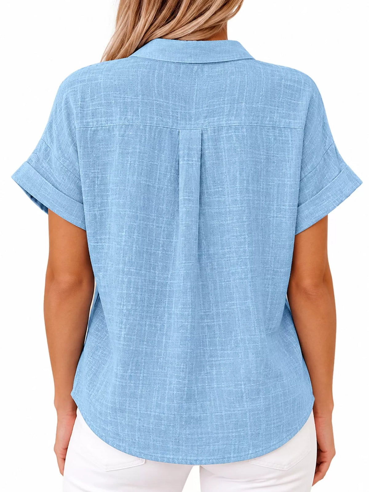 Women's Button Up Short Sleeve Shirt in light blue — back view
